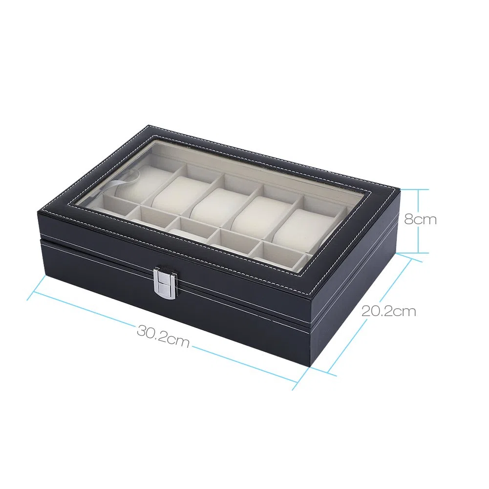 Caja de reloj de 12 ranuras con tapa de vidrio grande y almohadas de reloj extraíbles, organizador de relojes para hombres y mujeres