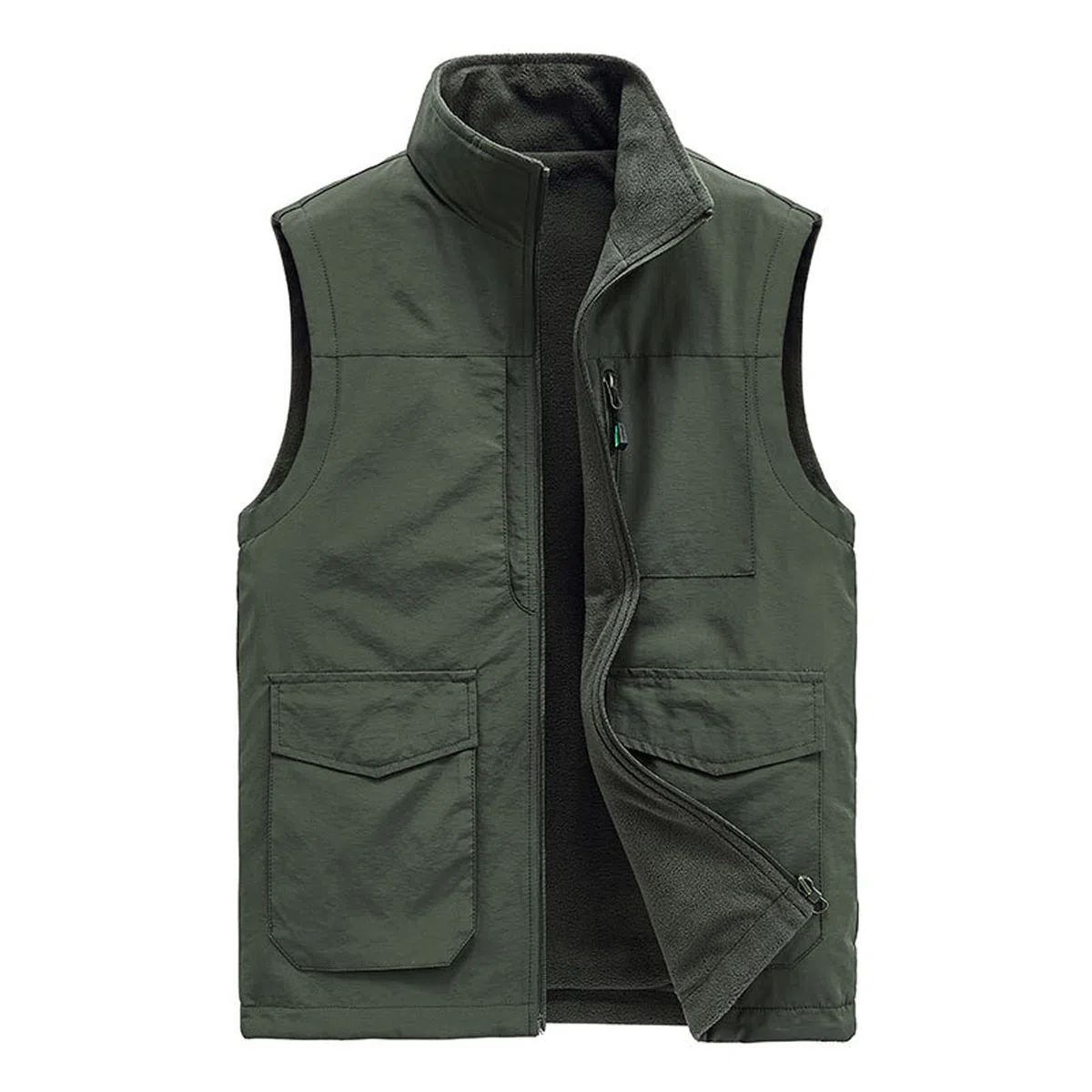 Chaleco reversible de forro polar para hombre, con múltiples bolsillos, para exteriores, casual, con cremallera, para pesca, reporteros, fotografía, viaje, abrigo, verde militar, talla XL