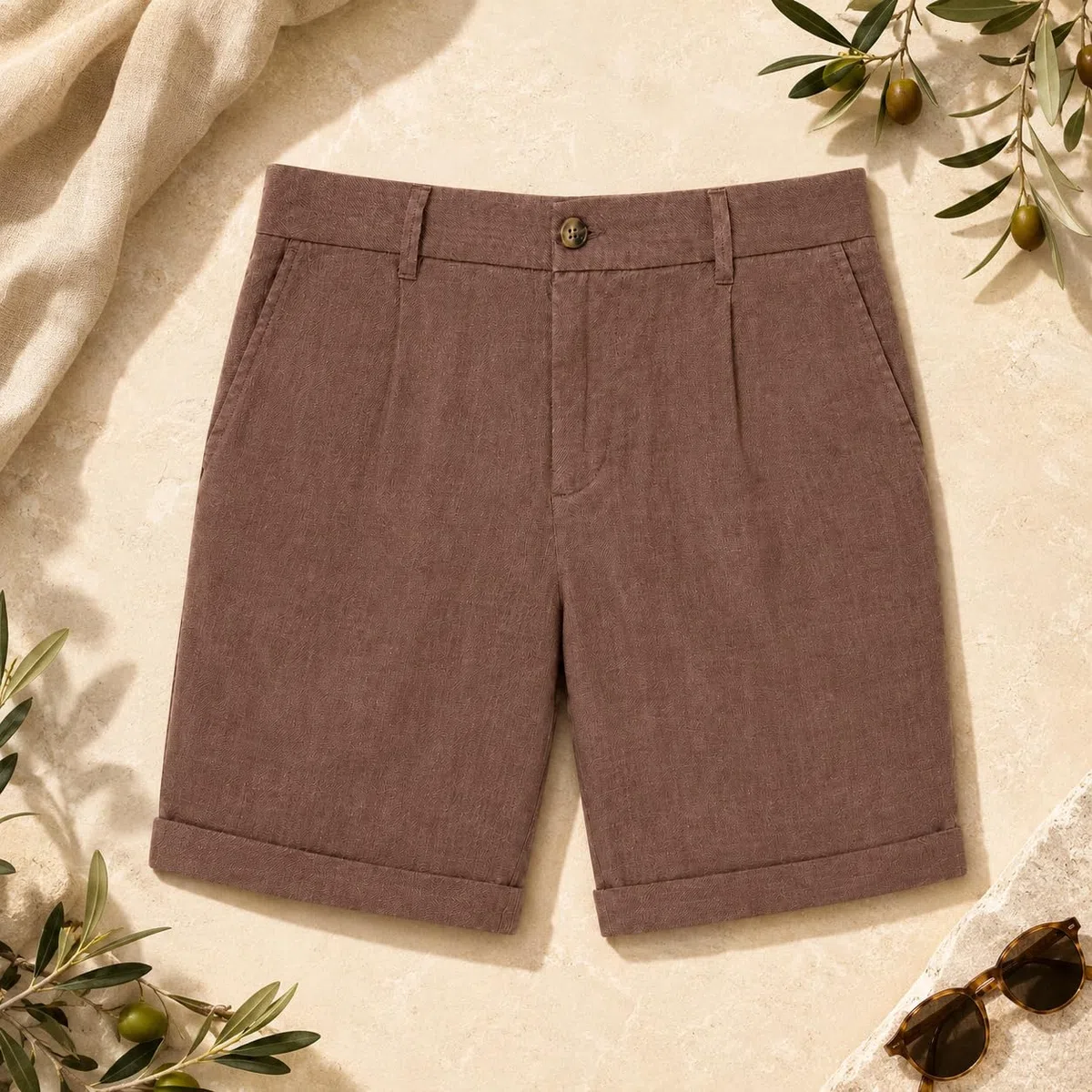 Bermuda Hombre de Lino, Pantalón Corto Casual de Verano, Shorts Elegantes con Bolsillos y Dobladillo, Estilo Mediterráneo para Playa, Vacaciones y Diario