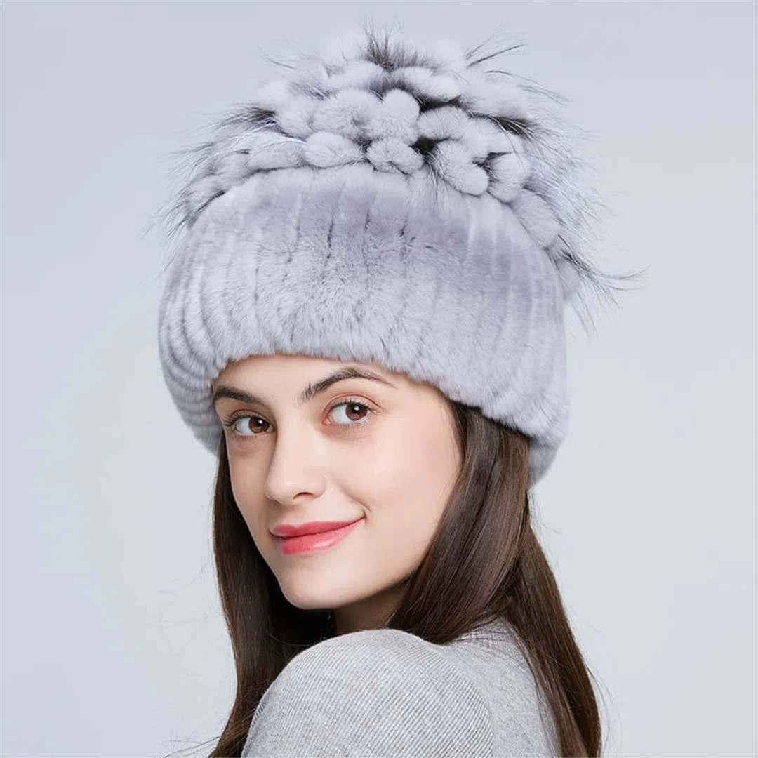 Sombreros de Piel de Mujer para Invierno Gorro de Piel de Conejo Natural Moda Femenina Gorros Gruesos y cálidos Gorros 108 52-58 Cm