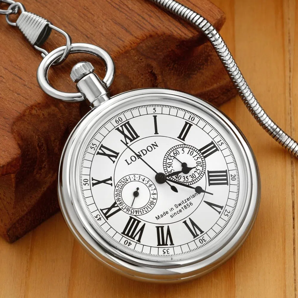 Reloj de bolsillo mecánico de acero inoxidable con diseño de tren de Londres, estilo vintage, con cadena