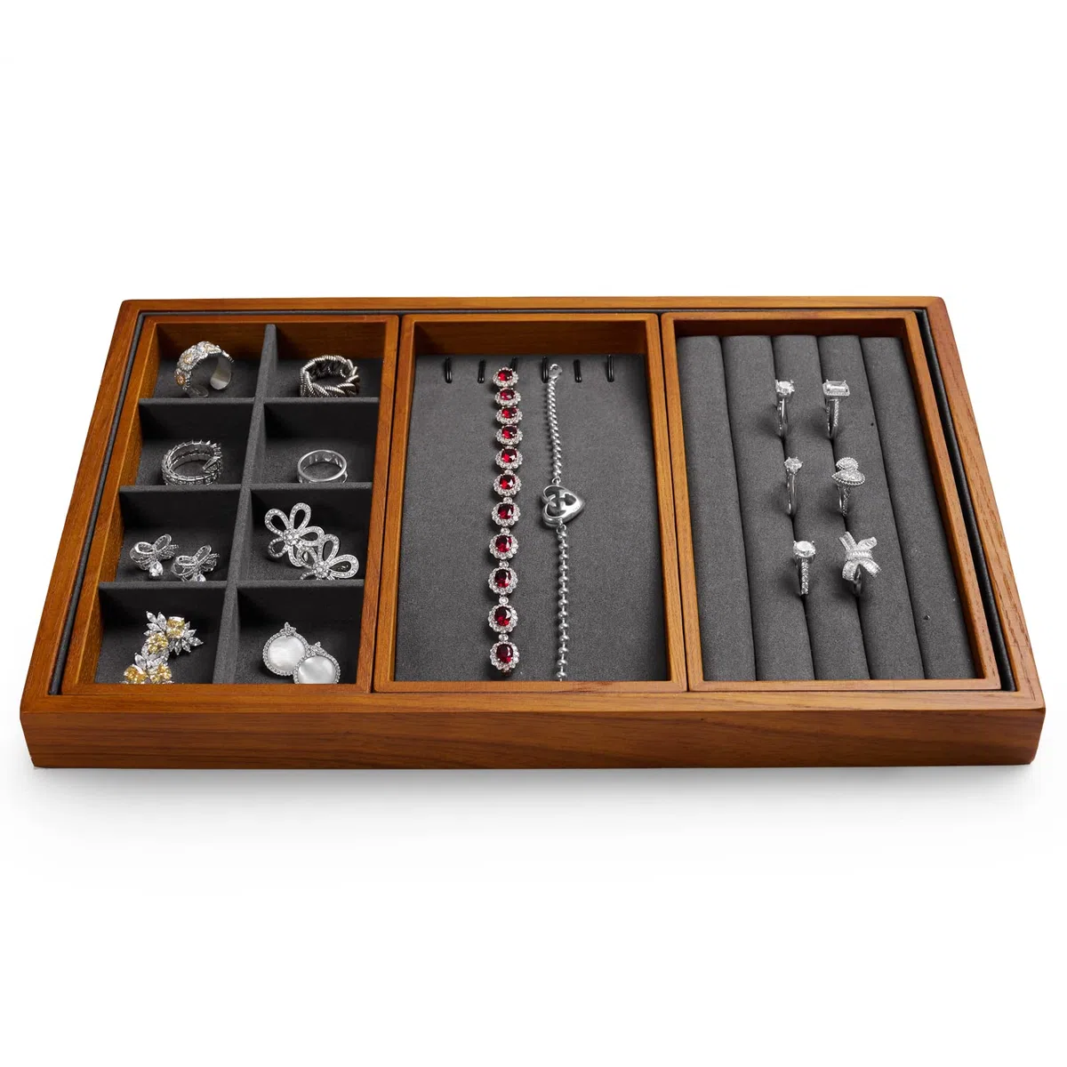 Oirlv Bandeja Apilable 4 En1 De Madera,Para Joyas, | Anillos, Pendientes,Pulseras,Collares Organizadores(Gris)