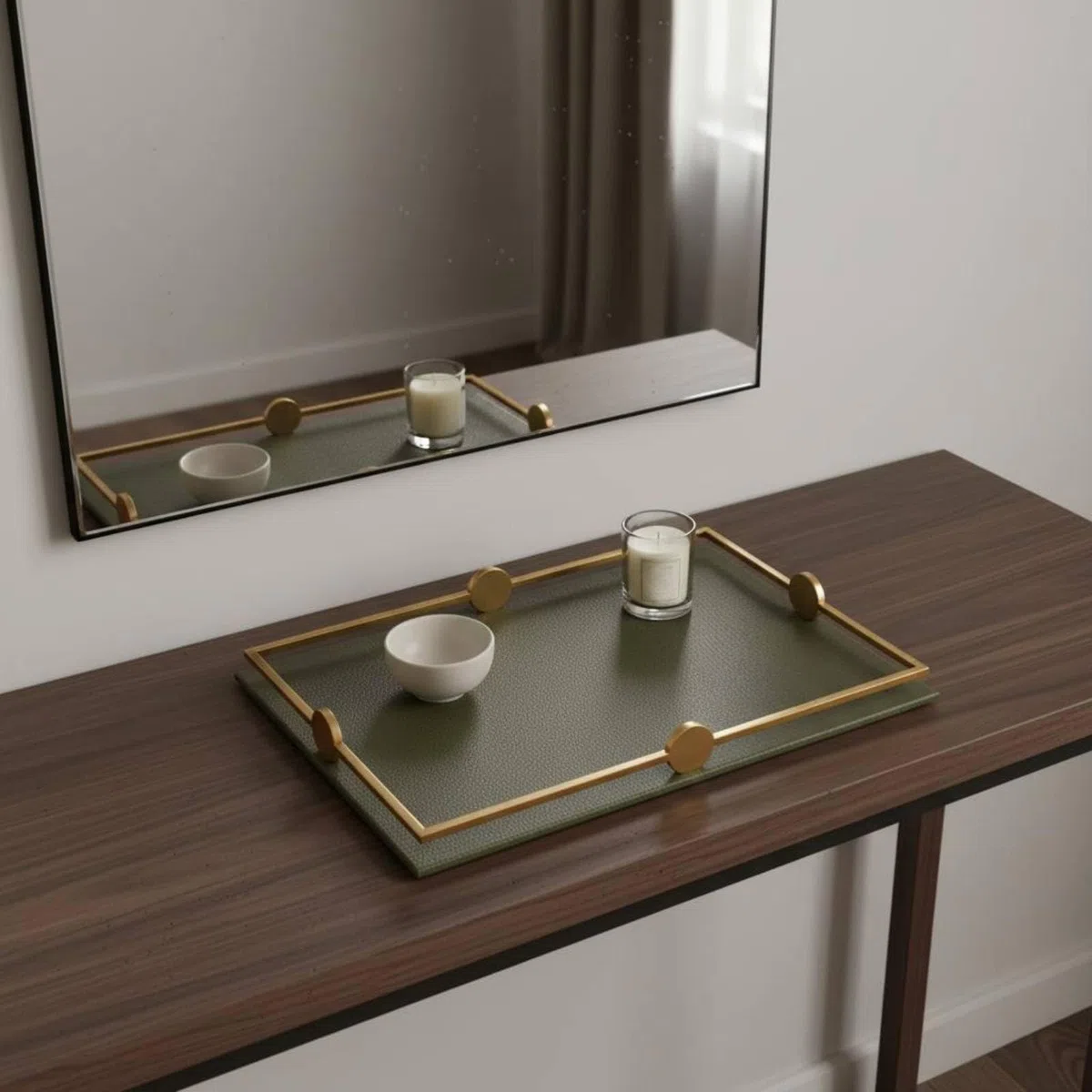 Yajuyi Bandeja Decorativa Organizador de Joyas Bandeja de Servicio Rectangular Bandeja de Exhibición de Cuero Bandeja de Almacenaje Metálica Adecuada para Dormitorio Cuarto de Baño Hogar, Beige