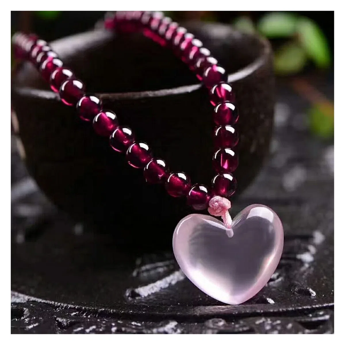 CCXXYGWJ Pulseras Pulseras Piedra Granate Natural Perla Roja Vino con Colgante de corazón Rosa Pulsera para Mujer Joyas Multicapa de Cristal