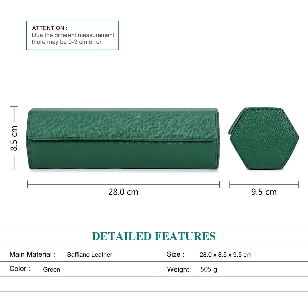 Hiram Estuche enrollable para relojes hexagonales, en auténtica piel, para 4 relojes, estuche de viaje para relojes, organizador protector para relojes de pulsera