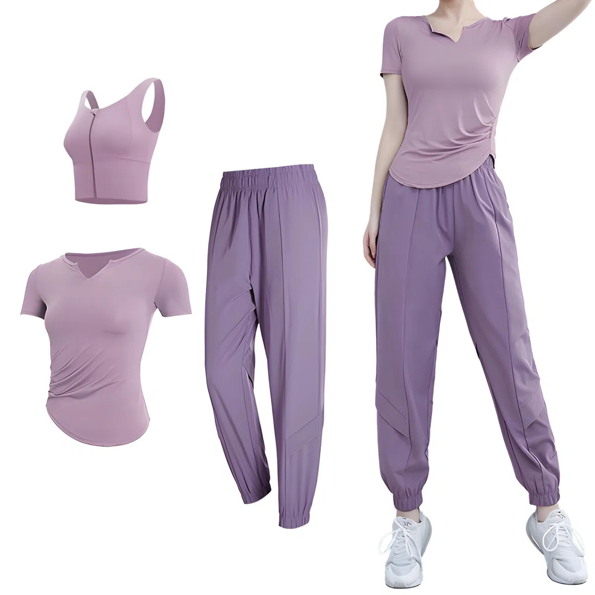 Conjunto de yoga y gimnasio de 3 piezas para mujer, brasier deportivo, camiseta de manga corta y pantalones largos, tela transpirable de elastano y poliéster, talla XXL disponible, Púrpura, talla