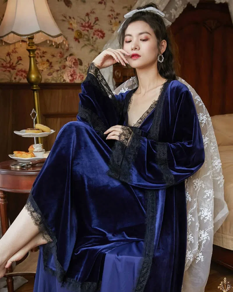 DAIHAN Mujer Conjunto de Pijama Victoriano Palace Manga Larga Camisones de Encaje Camisón Largo Invierno Bata de Dormir de Terciopelo y Vestido Lencero Traje con Ribete de Encaje