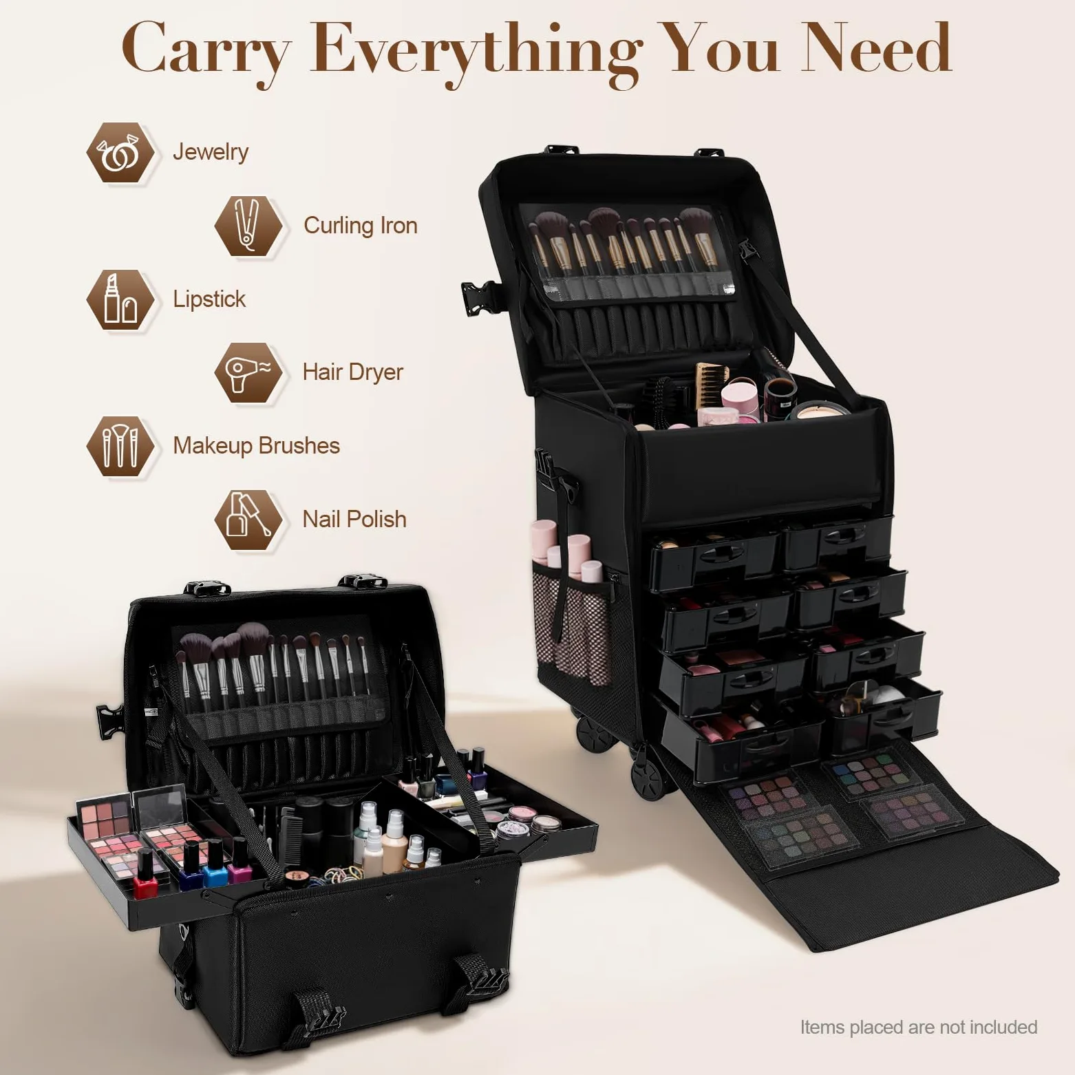 Maleta de peluquería con 8 cajones, 2 en 1, maletín de maquillaje profesional, maletín de maquillaje para viaje, color negro