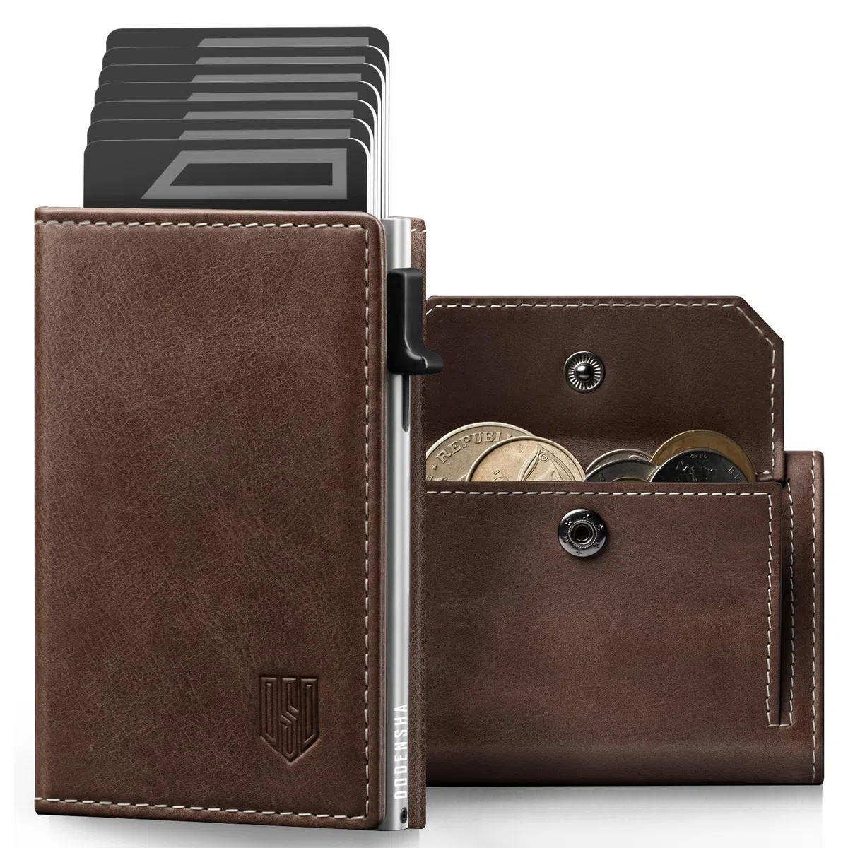 DODENSHA MagSnap Cartera para Hombre I Slim Wallet con Compartimento para Monedas XL para más de 10 Monedas I Tarjetero para Hombre para 10 + Tarjetas (Marrón Plateado)