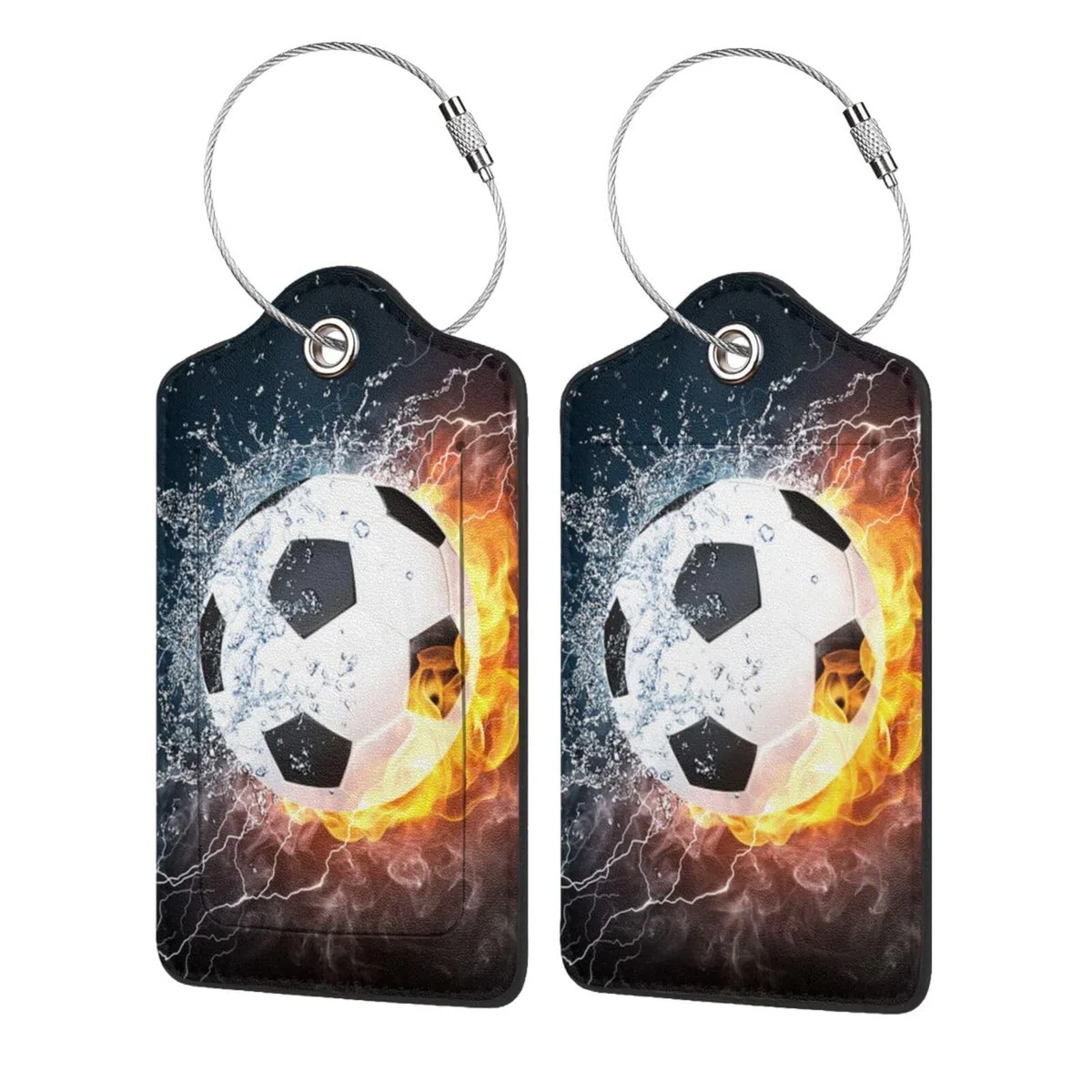 Paquete de 2 etiquetas de equipaje para maletas, etiqueta de equipaje de balón de fútbol, etiqueta de cuero de acero inoxidable para hombres y mujeres, bolsa de viaje (fútbol)