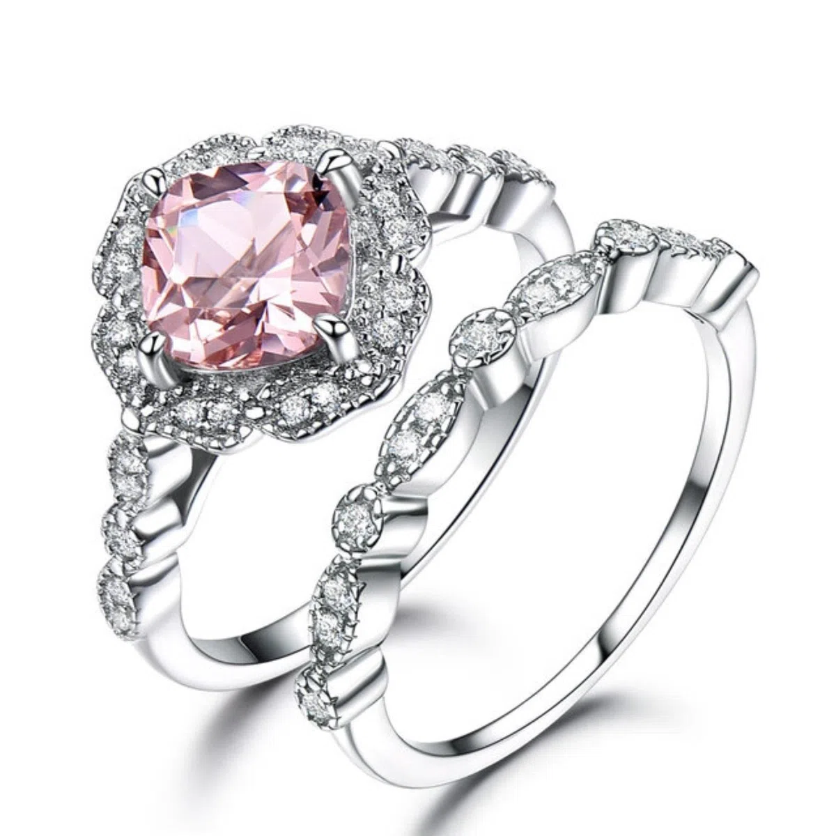 2 Unids/Set Creado Nano Morganite 925 Anillos De Plata Esterlina Encanto Flor Anillo De Plata Conjunto para Mujeres Joyería Fina