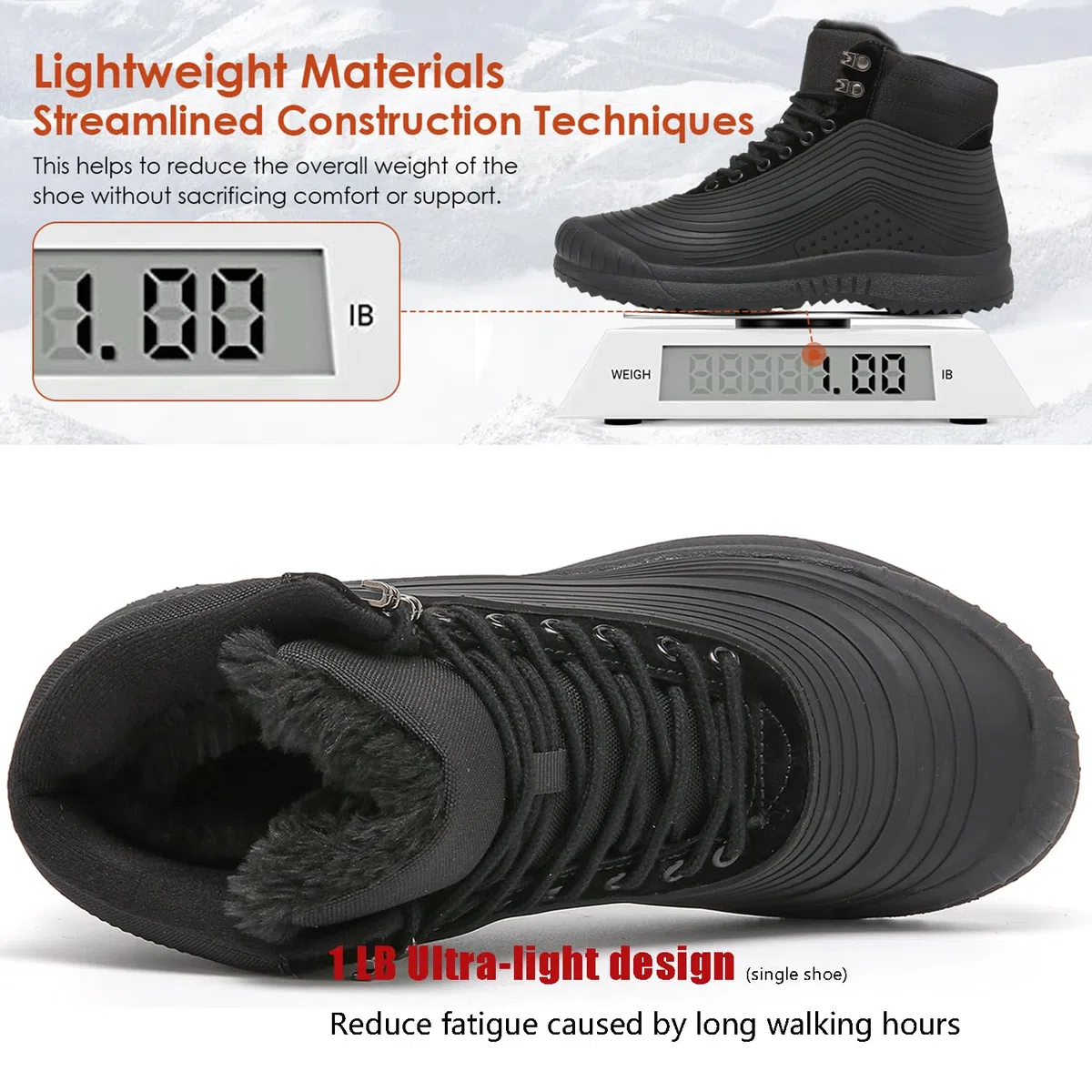ulogu Botas de nieve para hombres y mujeres, botines aislados impermeables con forro de piel, antideslizantes, ligeros, zapatos de invierno, Negro -, 8 Women/6 Men
