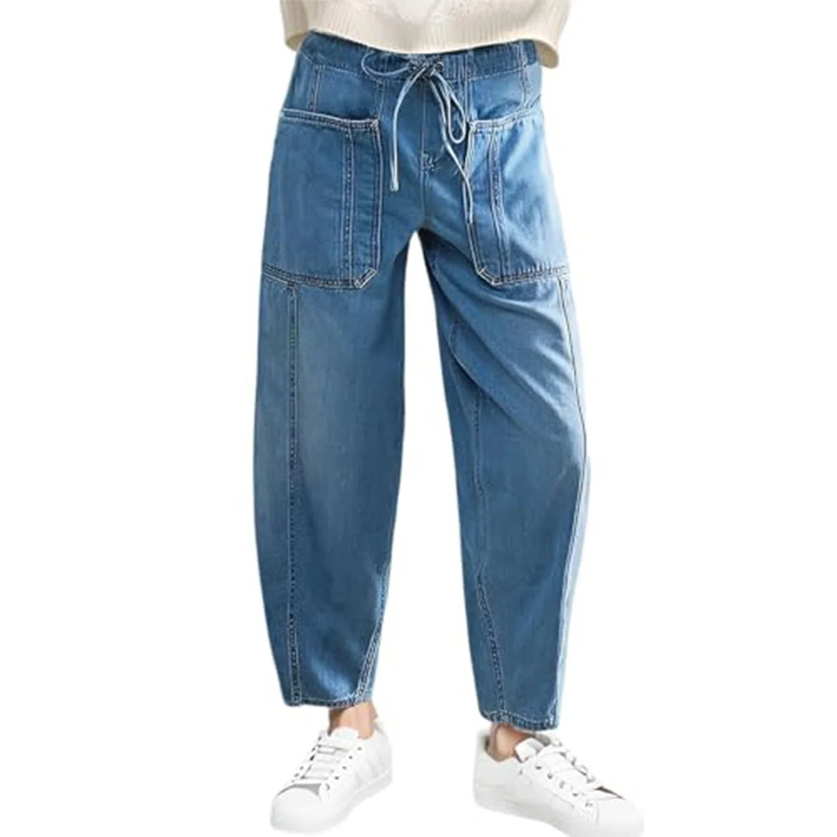 Pantalones vaqueros para mujer, cintura elástica, ajuste holgado, pantalones vaqueros con cordón, pantalones vaqueros 7/8 con bolsillos, pantalones vaqueros de cintura alta, pantalones casuales de