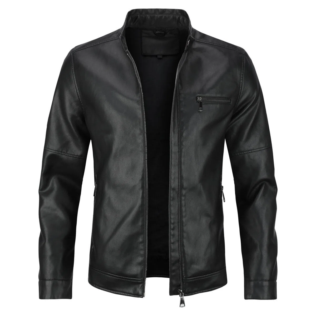 Sliktaa - Chaqueta de cuero sintético para hombre, ecológica, de invierno, de cuello alto, de entretiempo, acolchada, tipo motero, piloto, con cremallera, informal, moderna, clásica