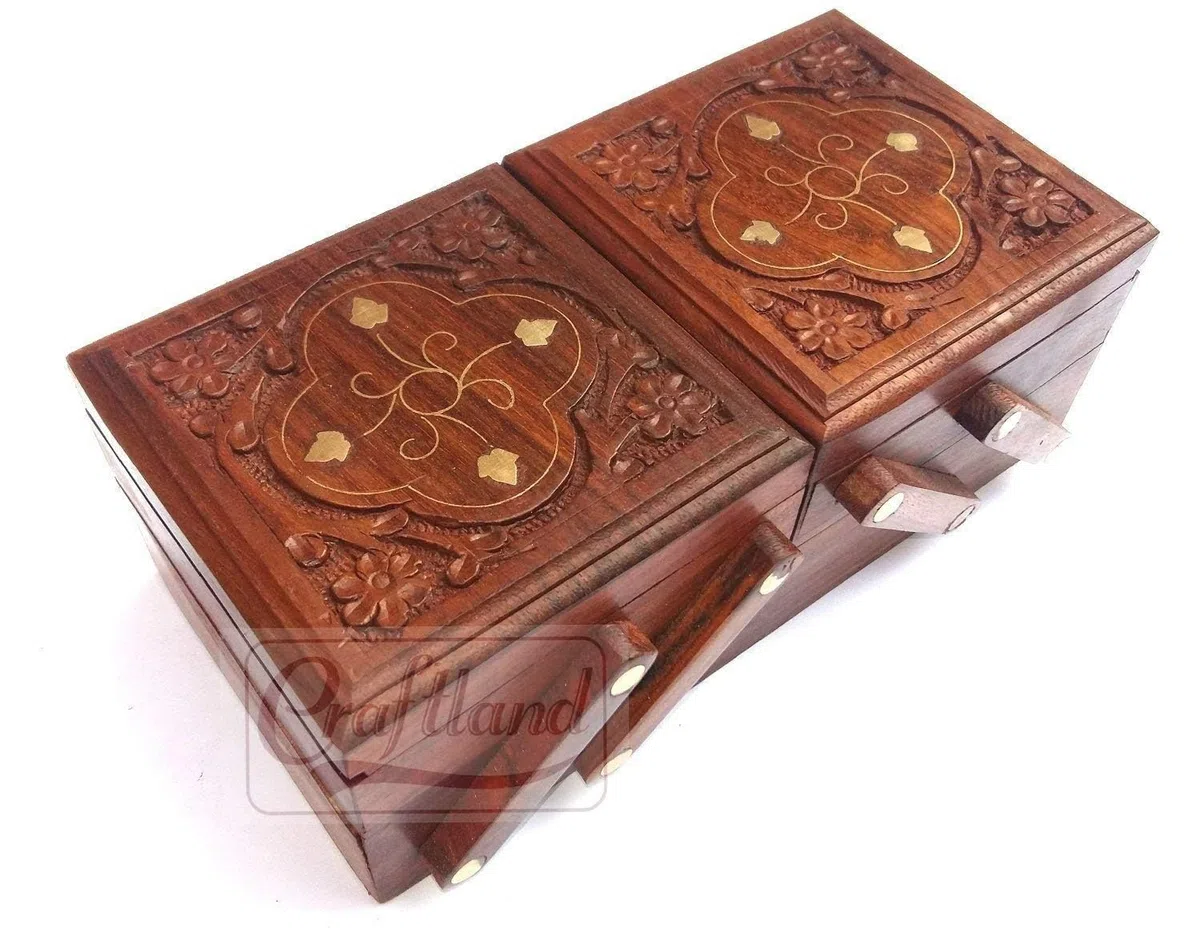 Craftland Joyero de madera (latón y tallado) para mujeres/niñas, con solapa abatible, regalo hecho a mano, 20,3 cm