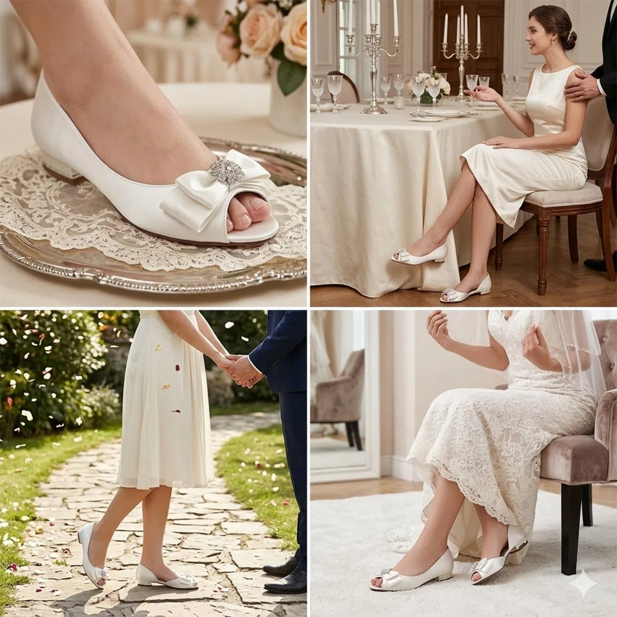 Bailarinas Peep Toe de Raso para Mujer Planas, Zapatos D'Orsay con Lazo Estructurado y Centro de Cristal, Zapatos de Boda o Fiesta y Eventos Especiales
