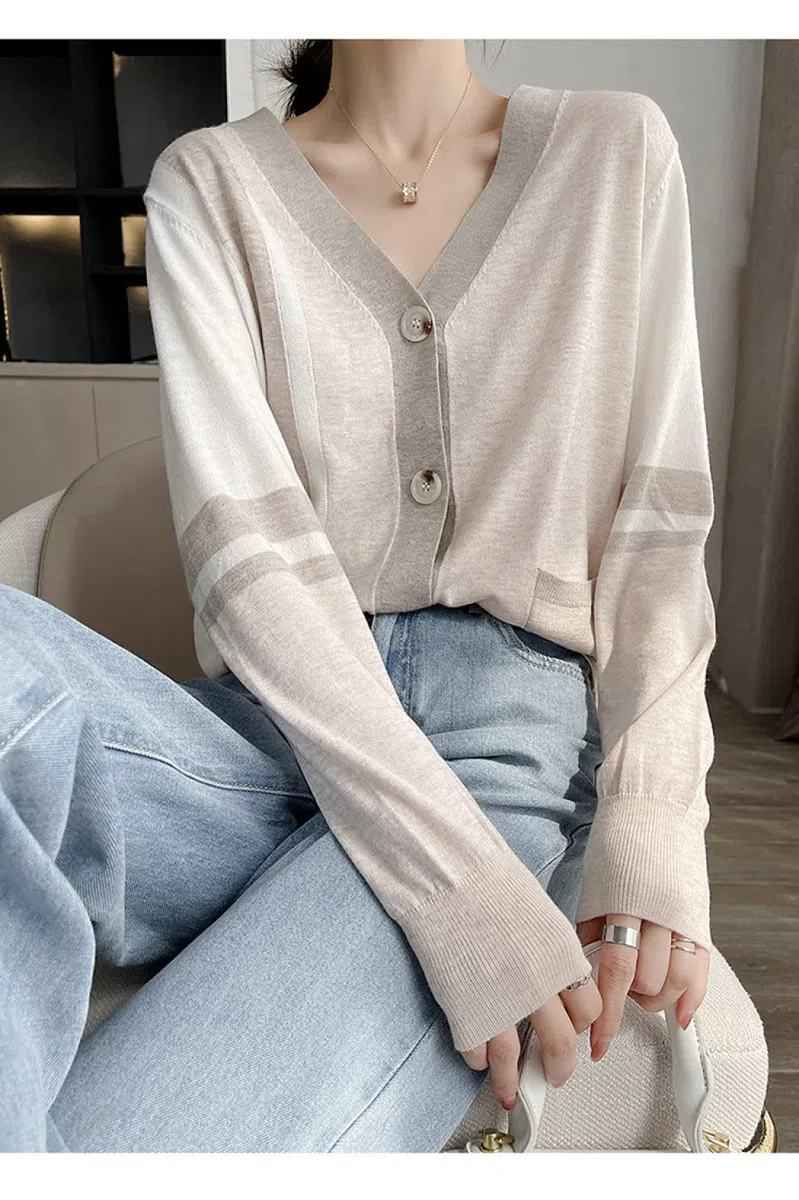 EIBA Chaqueta De Punto Mujer,Cárdigans De Punto para Mujer Moda Marrón Claro Color De Contraste Botón con Cuello En V Manga Larga Suéteres Delanteros Abiertos Cárdigan Otoño Elegante Chaqueta De AB