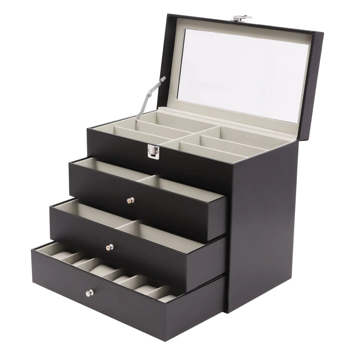 Caja para gafas, caja de joyas, caja de relojes, organizador, vitrina, terciopelo, 4 niveles, tapa de cristal de 33,5 cm, tapa de cristal para gafas de sol, reloj, anillo, pulsera, cómoda