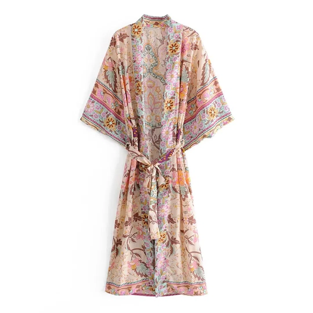 Bata kimono bohemio con estampado de manga murciélago para mujer, cuello en V, para verano