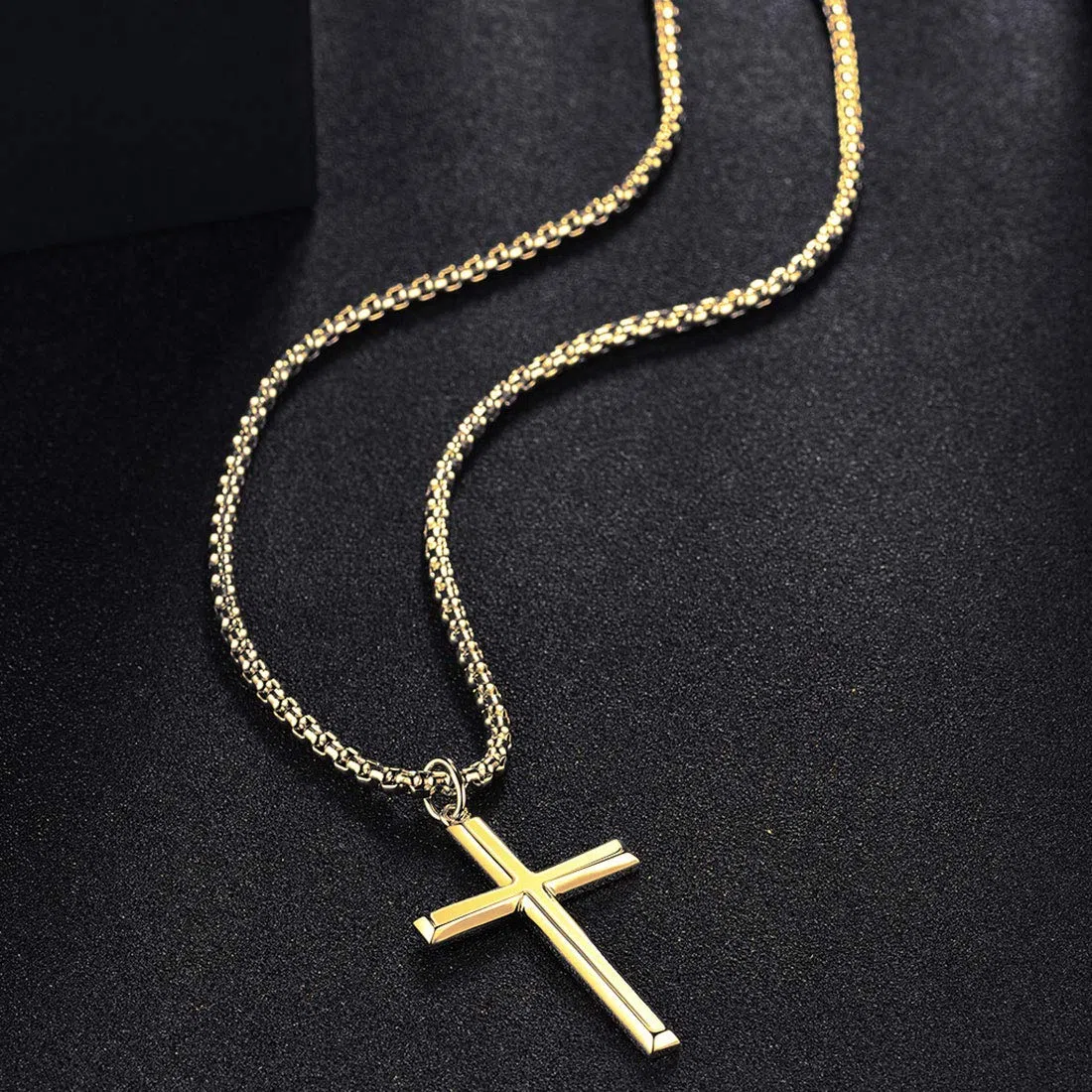 FANCIME Collar con Colgante de Cruz para Hombre Niños de Plata de Ley 925 Chapada Oro Amarillo con Cadena de Acero Inoxidable - Longitud Cadena: 56 cm