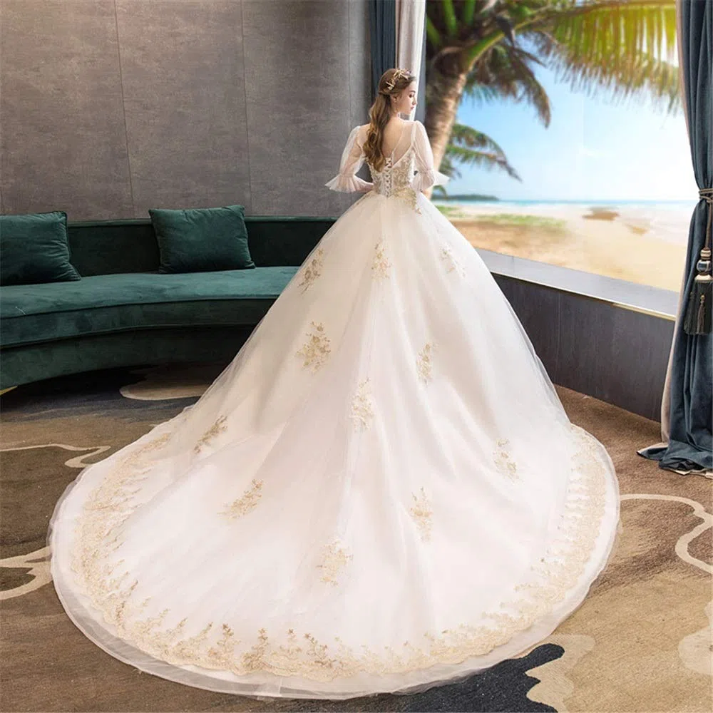 Elegante Vestido de Noche de Boda de Mujer Encaje Chiffon de Manga Larga Encaje Chiffon de Cintura Alta Cóctel de Boda Vestido de Fiesta de Sirena, Blanco, m