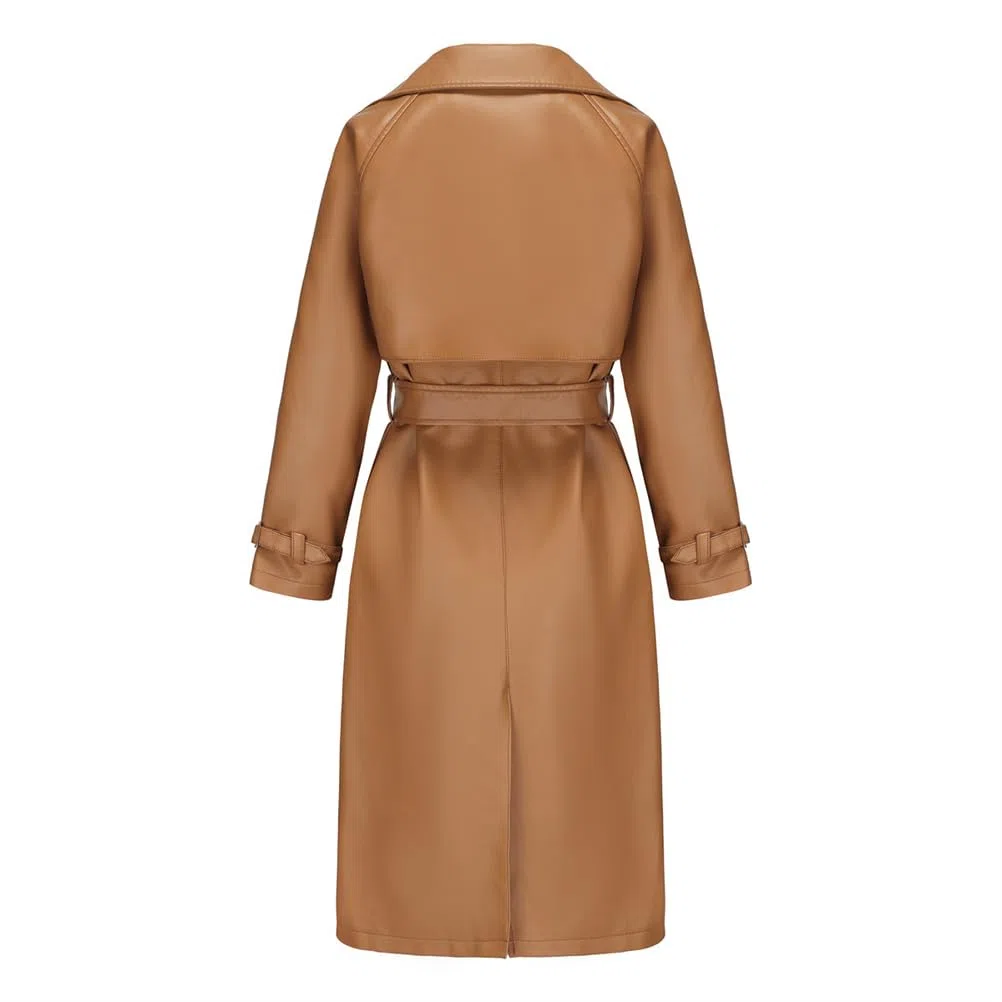 Chaqueta larga de cuero para mujer, chaqueta de piel sintética para mujer, gabardina con solapa y botón de muesca