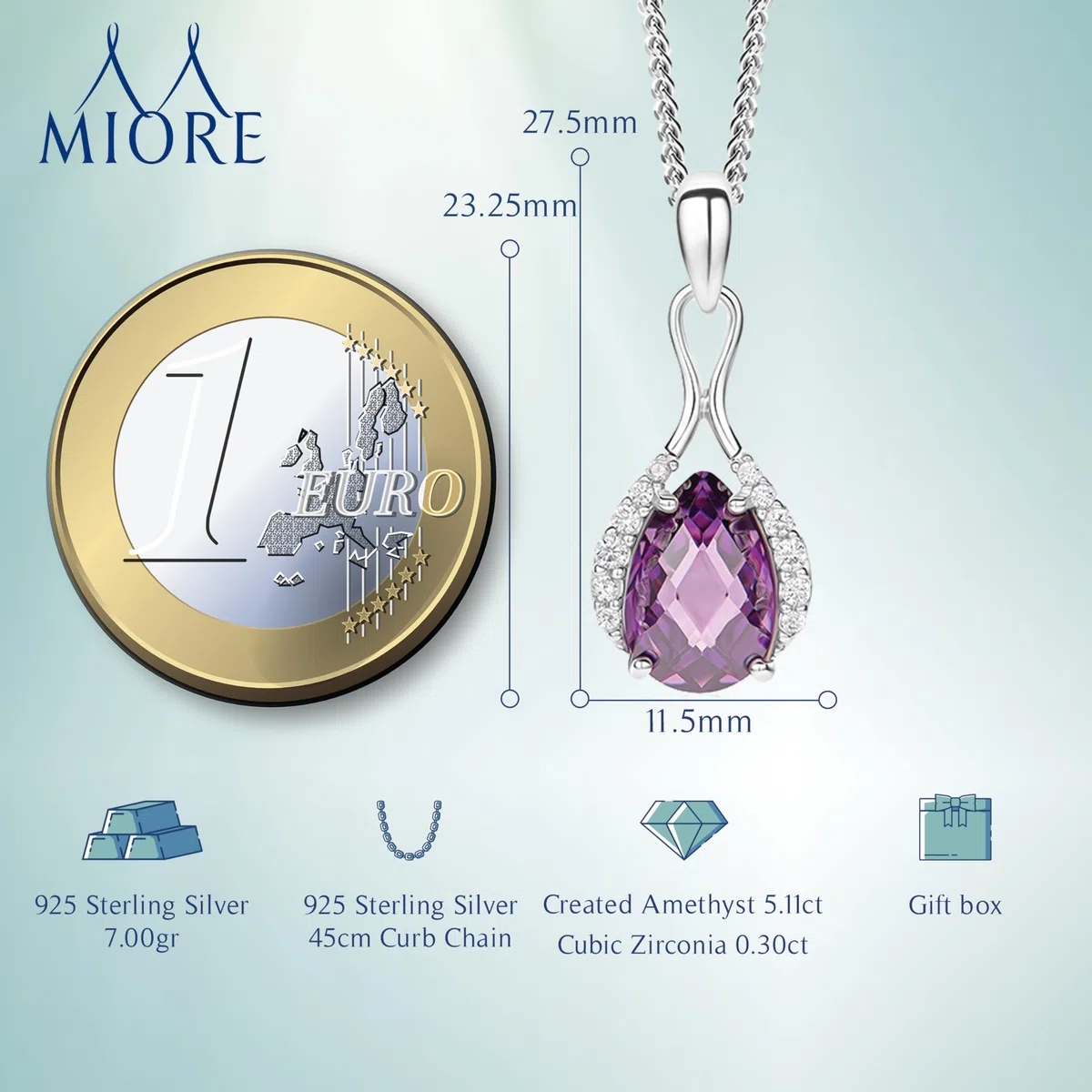 MIORE Collar de plata de ley para mujer, cadena con colgante de amatista y circonitas en plata de ley 925. Piedra natural talla gota. Cadena Grumetta Cm 45. Colgante de Mujer Hipoalergénico.