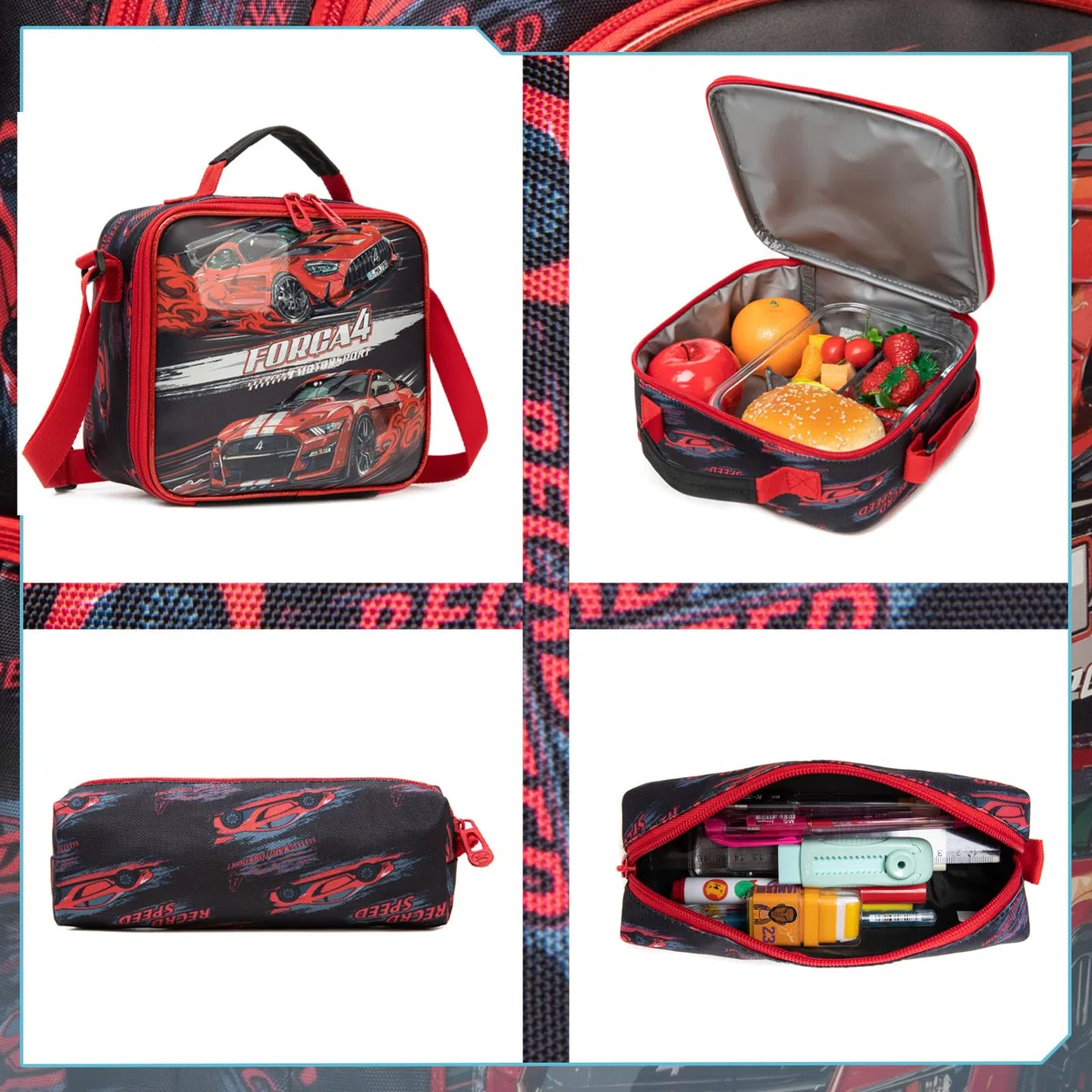 Mochilas Escolares con Coches Ruedas Carro Niño 17" 3PCS Mochila Carrito para Trolley Escolar Bolso de Viaje Estuche Stitch Chicos Maleta Colegio Grande Medianas Infantil Niños Rojo