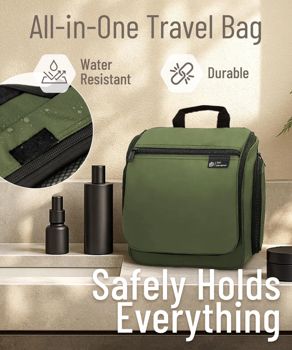 D&D - Neceser colgante de viaje para hombres y mujeres, kit organizador de cosméticos, maquillaje y artículos de tocador con 10 compartimentos, gancho giratorio de metal XXL, nailon resistente al agua
