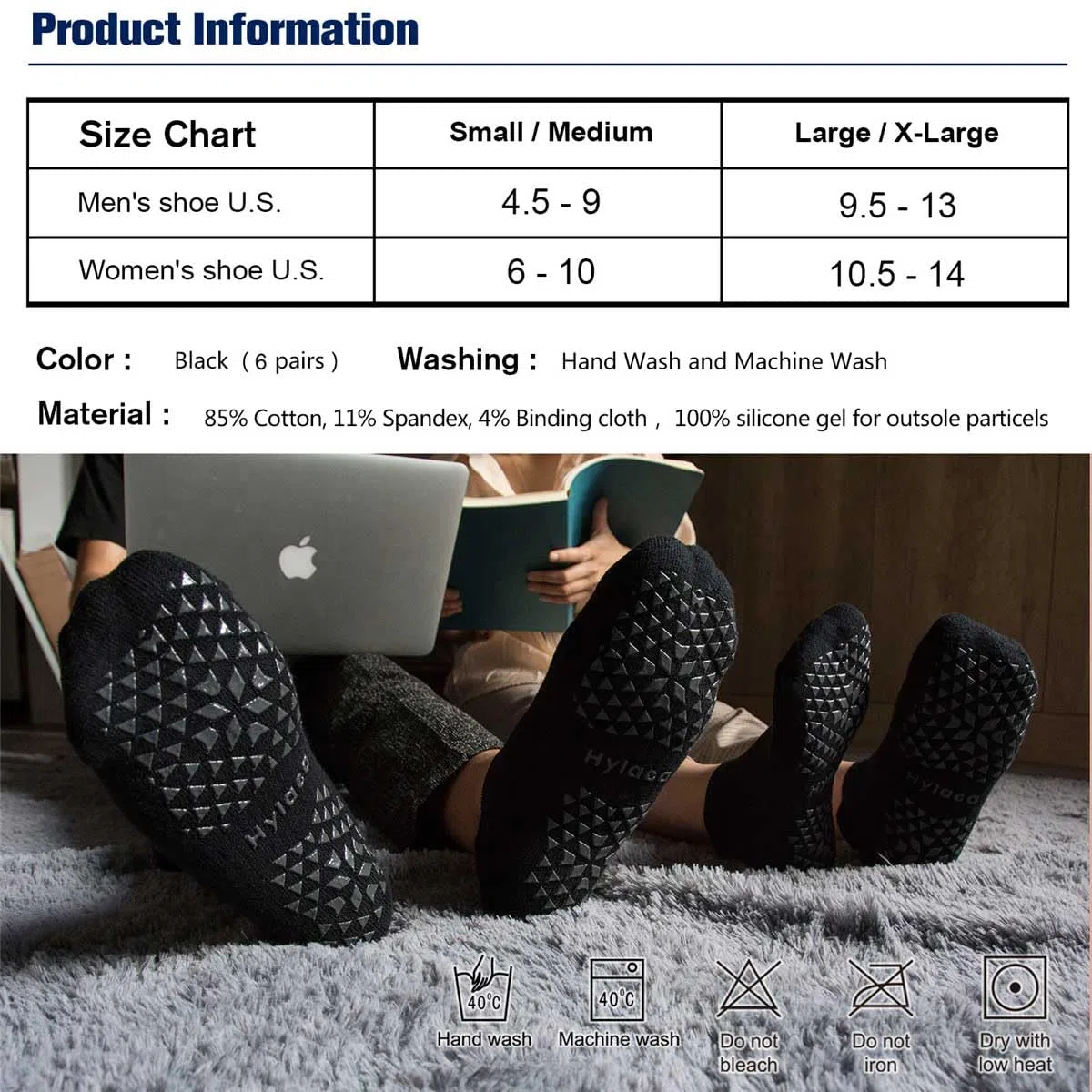 Hylaea Calcetines antideslizantes unisexo con suela de goma para pilates, yoga, la casa, diabéticos | algodón, tobillo, dar un paseo en casa