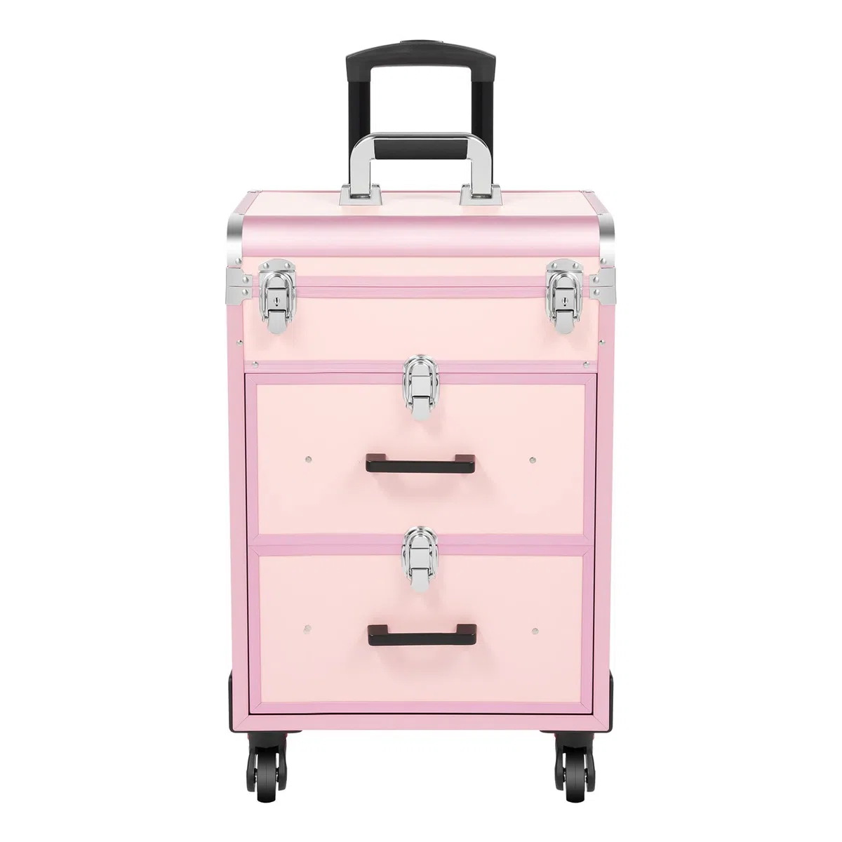 Maletín de cosméticos rosa con ruedas giratorias para herramientas de uñas, maletín de viaje con cajones, adecuado para peluqueros, cuidadores de mascotas y maquilladores