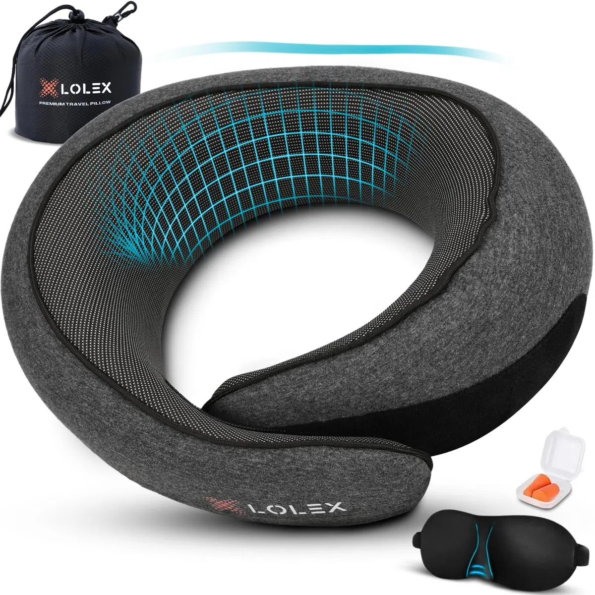 LOLEX™ Almohada de viaje, almohada de cuello de viaje, almohada de cuello de viaje para avión con máscara de ojos, almohada de espuma viscoelástica de algodón puro, almohada de avión para viajes