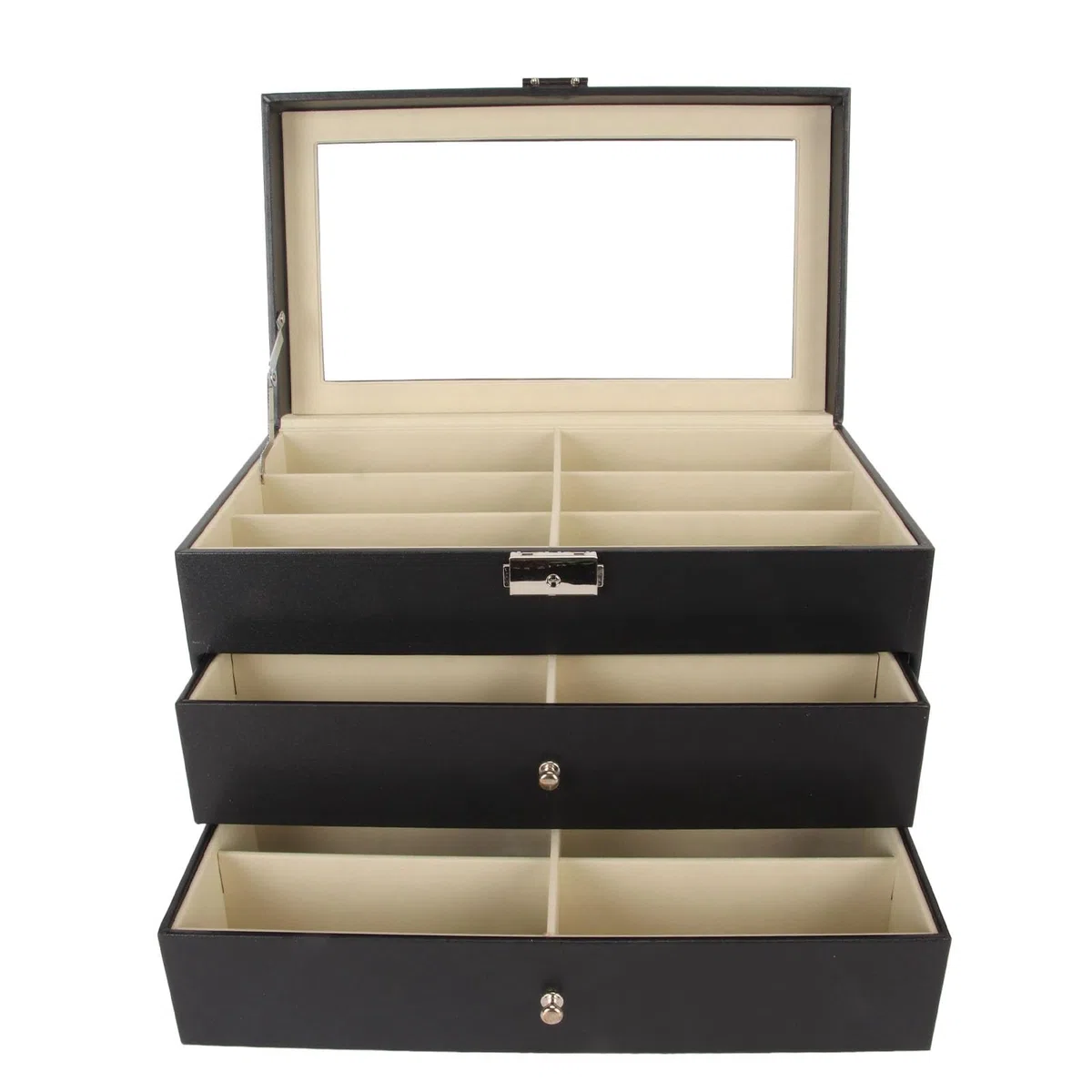mingzhe Organizador de Gafas de Sol Caja Almacenamiento Anteojos 18 Ranuras Vitrina Soporte para Gafas 3 Capas con Cierre Metal para Tocador Tienda Fibra Carbono