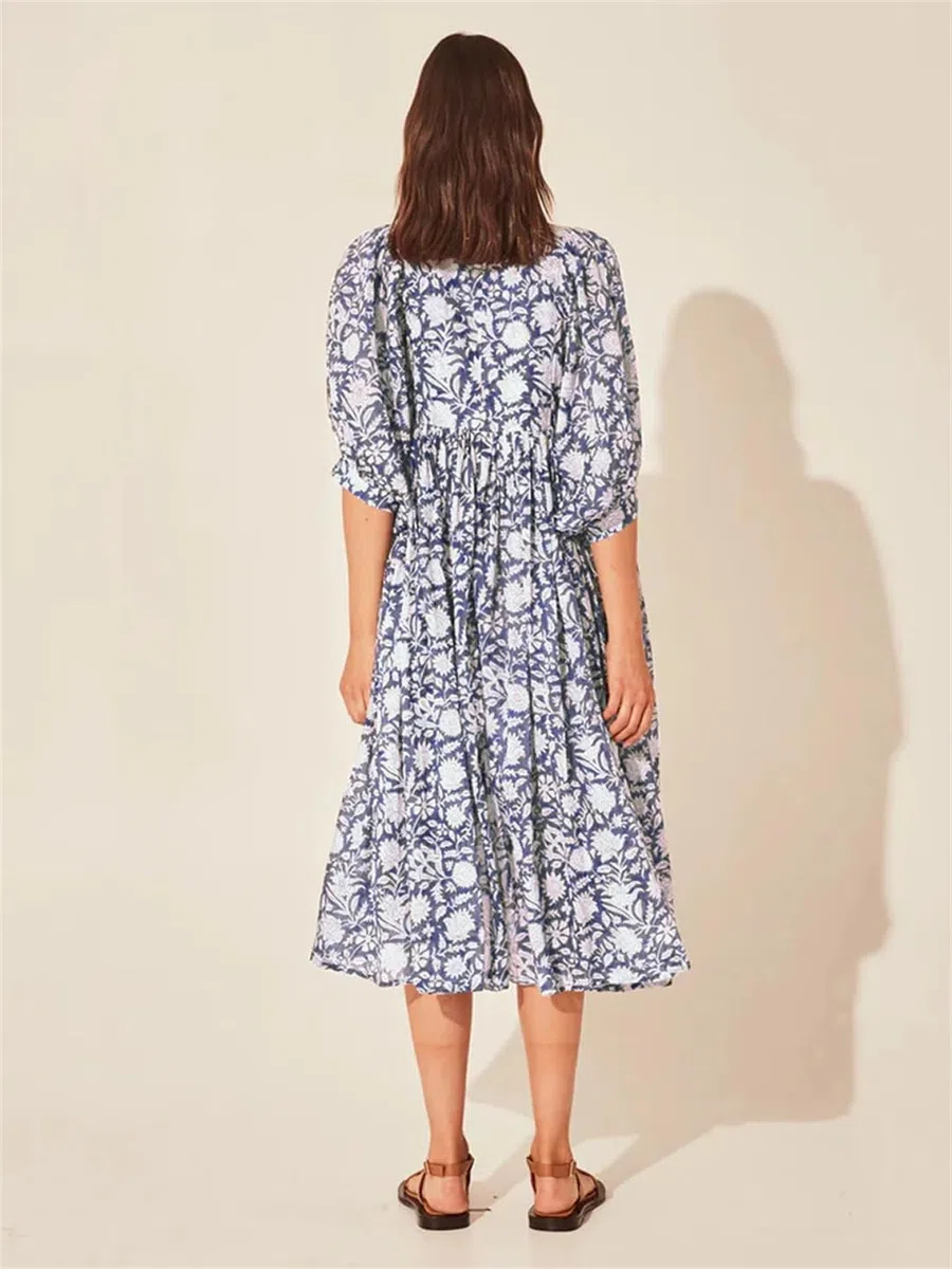 Hdhdeueh Vestido casual de gran tamaño para mujer, estampado de vacaciones, cuello en V, media manga, holgado, vestido midi bohemio