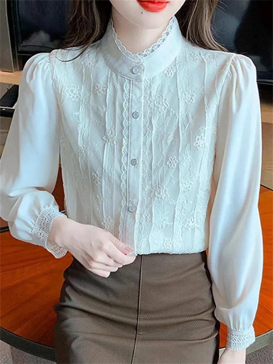 Blusa de manga larga con cuello alto para mujer, de gasa, con botones, para oficina, trabajo, negocios