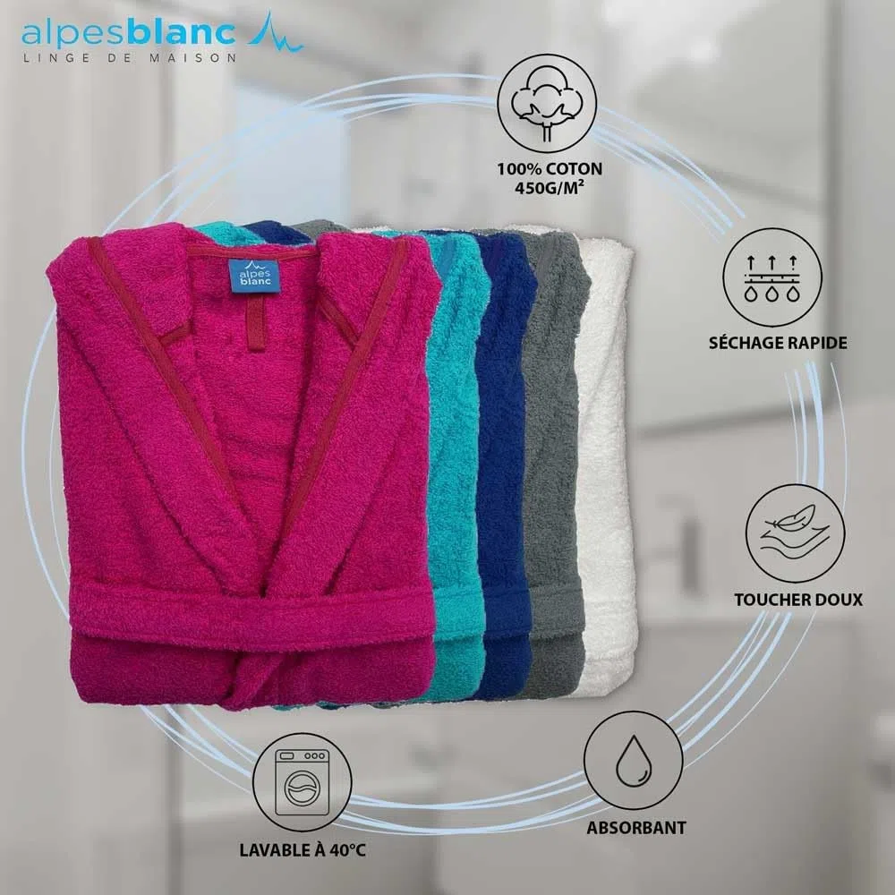 Alpes Blanc – Albornoz de baño mixto con capucha 100% algodón rizo 450 g/m² – Absorbente, suave y cómodo – Cinturón y bolsillos