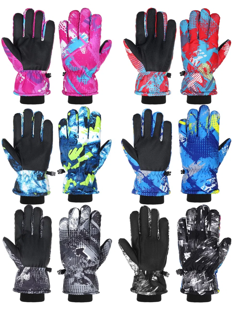 Bencailor 6 Pares Guantes de Esquí para Niños Guantes de Nieve Cálidos Impermeables a Prueba de Viento para Deportes Esquiar Invierno Infantiles (8-12 años, Rojo, Azul, Rosa, Gris, Verde, Negro)