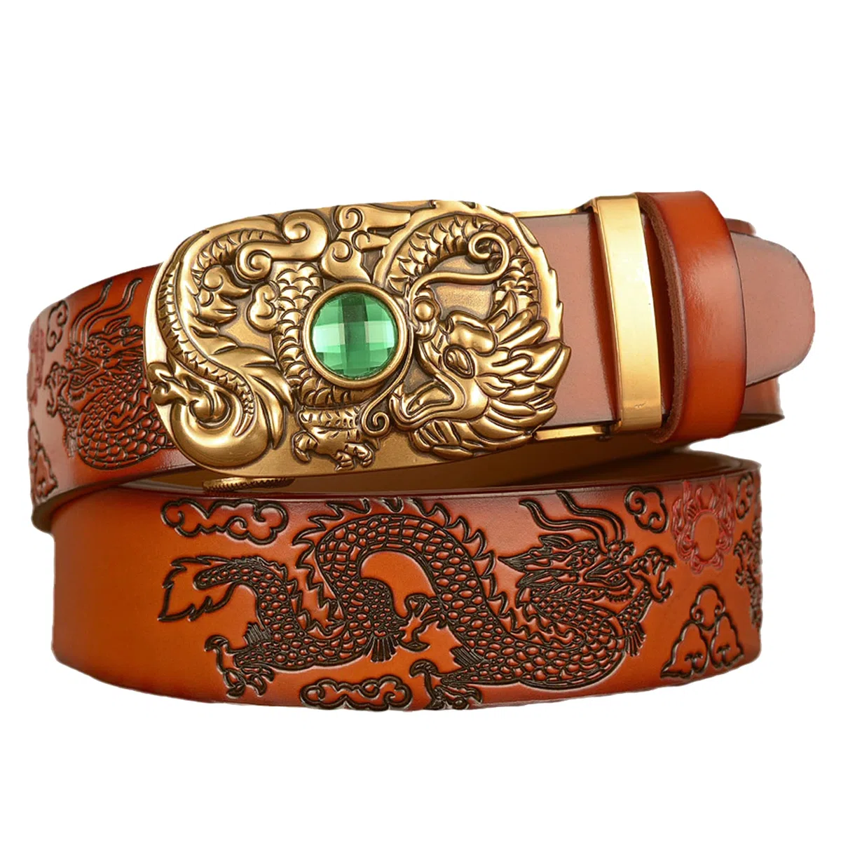 Cinturón De Cuero Repujado For Hombre, Con Dragón Y Piedra Preciosa, Hebilla Deslizante Automática, Estilo Vaquero Occidental, Totalmente Ajustable