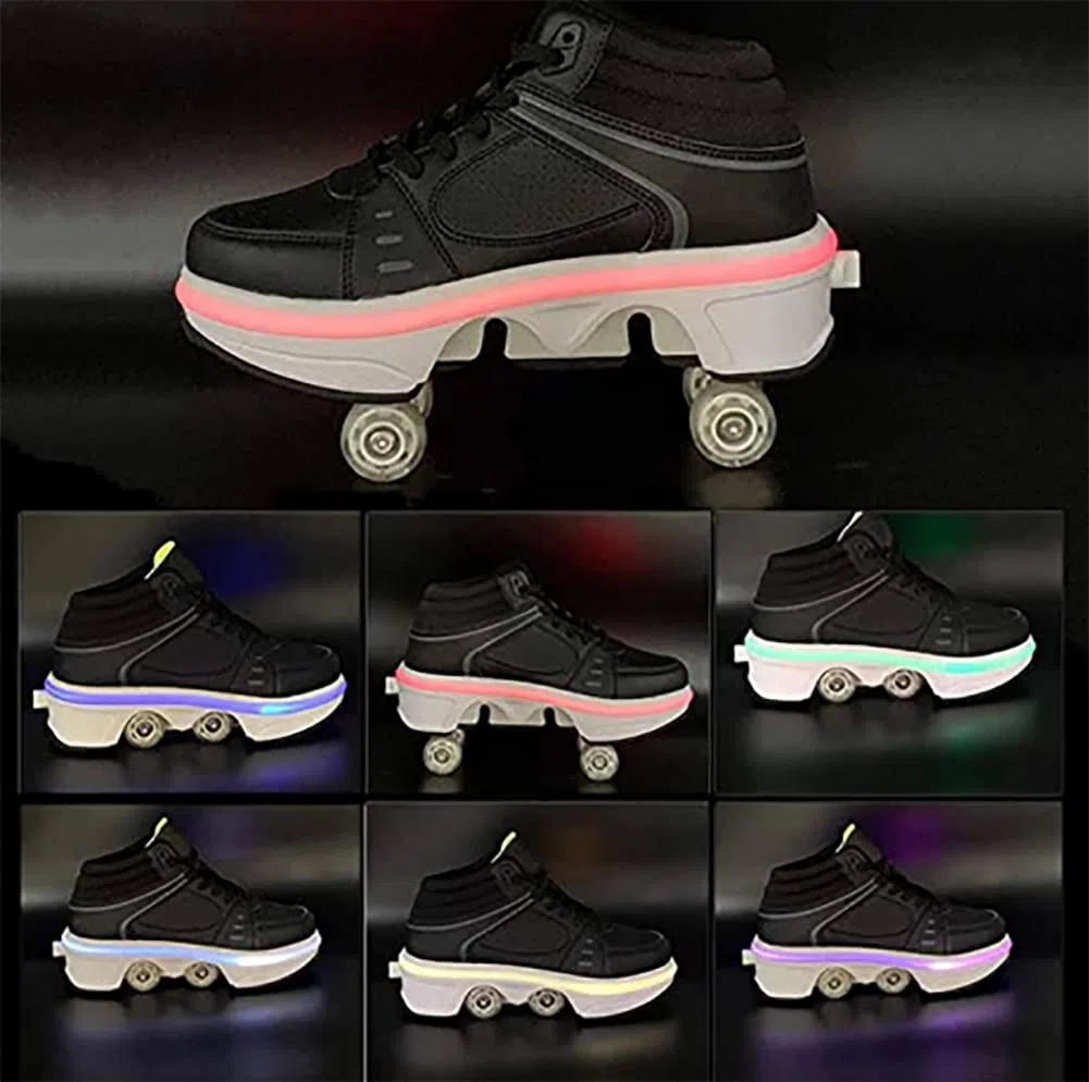Zapatos con ruedas LED Patines luminosos 4 ruedas patines ajustables ruedas ocultas para correr zapatos deportivos para jugar para hombres, mujeres y niños