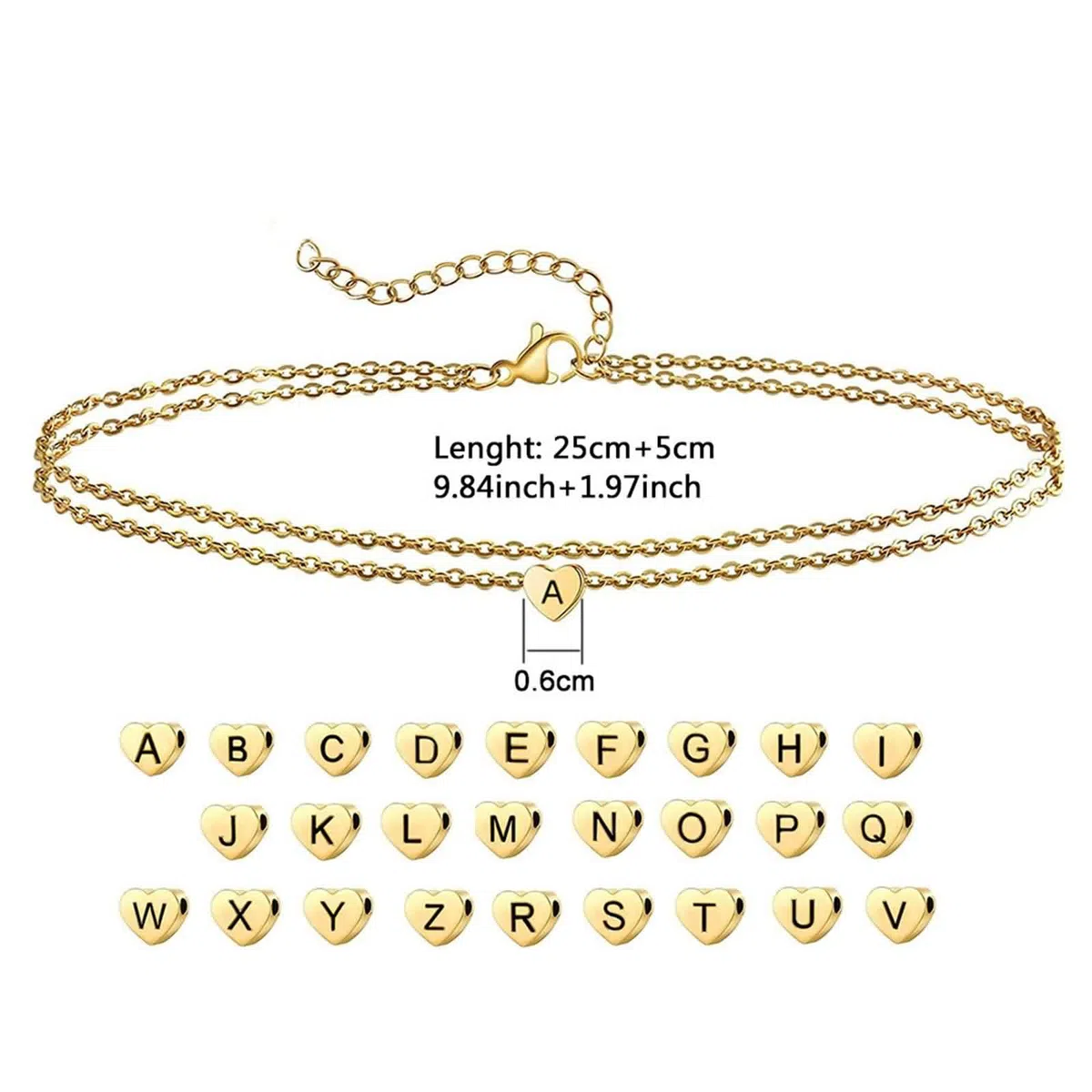 Tobillera de oro 18 K 750 Y2K, oro amarillo Au750, cadena doble con letras de corazón, tobillera para mujer, resistente al agua, verano, descalzo, playa, joyas para mujer