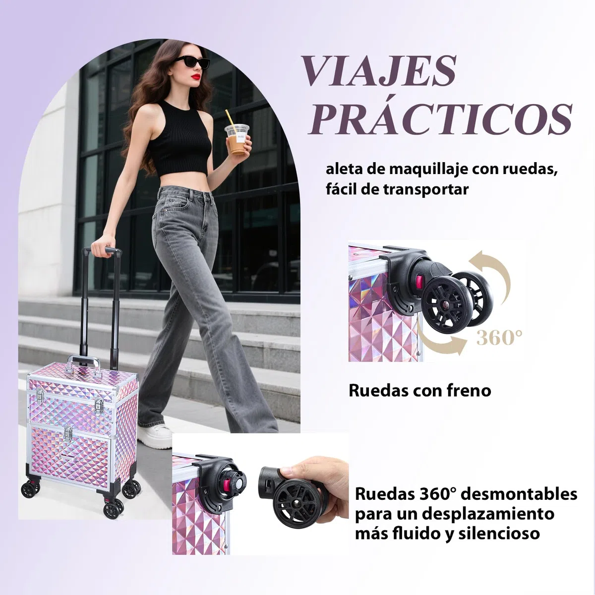 Maleta Maquillaje con Ruedas Maletín Maquillaje Profesional con Cajones, Maletín de peluquería Caja Maquillaje para para Maquilladores, Peluqueros y Técnicos de Uñas, con Bolso Desmontable, Rosa