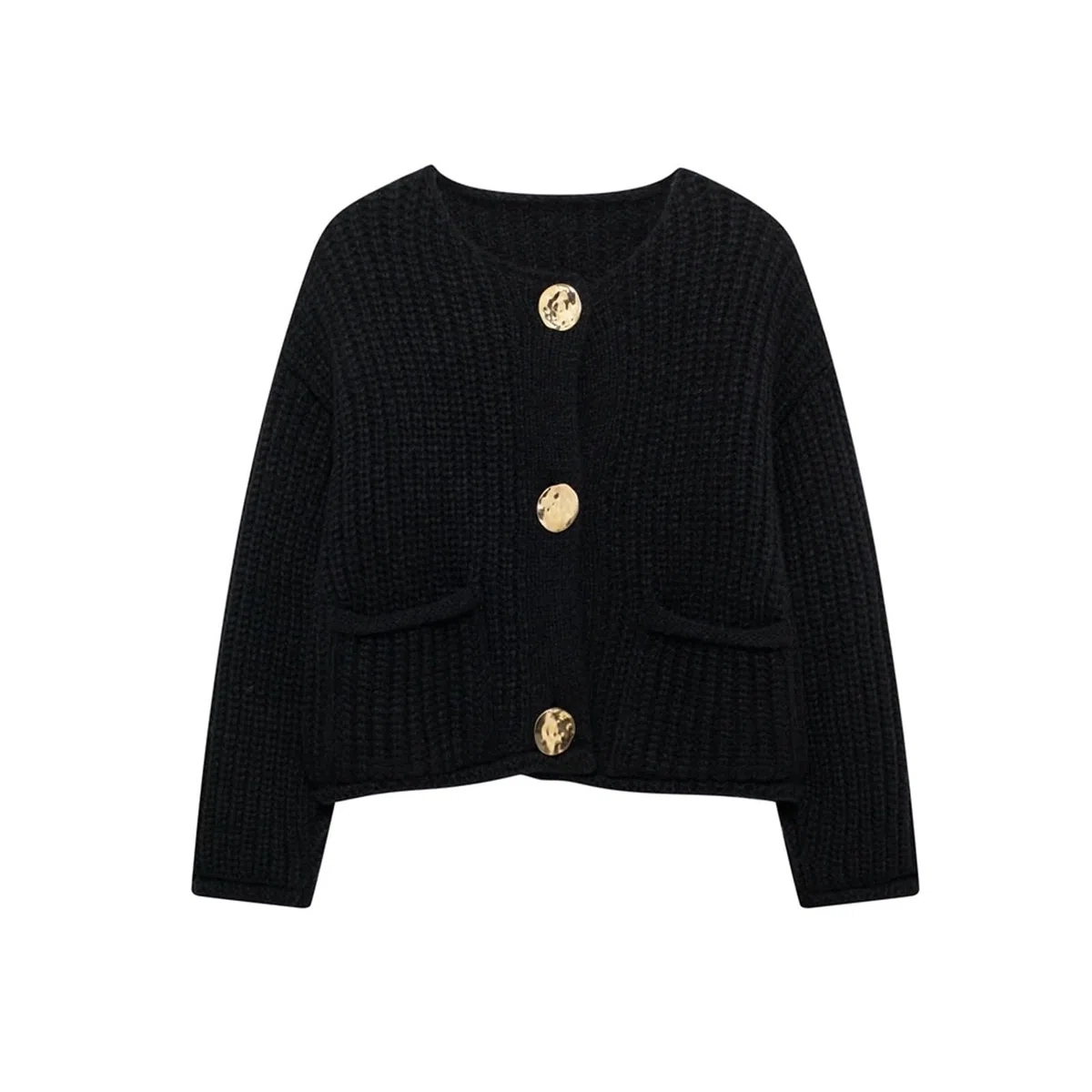 Cardigan Mujer Suéter de Punto Manga Larga for Mujer, Botones Dorados, Bolsillos Parche Delanteros, Cuello Redondo, Prenda Exterior Femenina