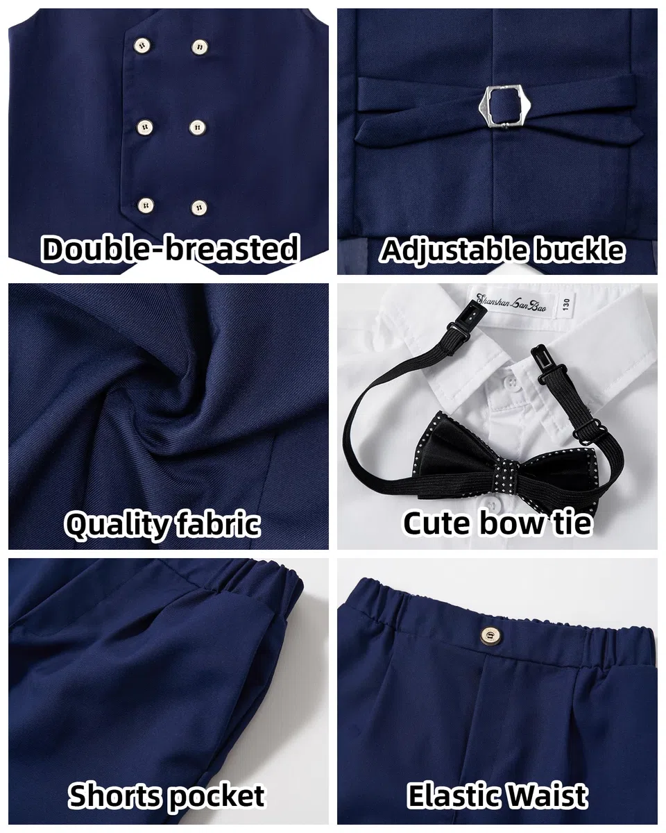 LOLANTA Traje de verano para niños, ropa de vestir para niños, camisa, chaleco, pantalones cortos, pajarita, chaleco, esmoquin, traje de portador de anillos de boda