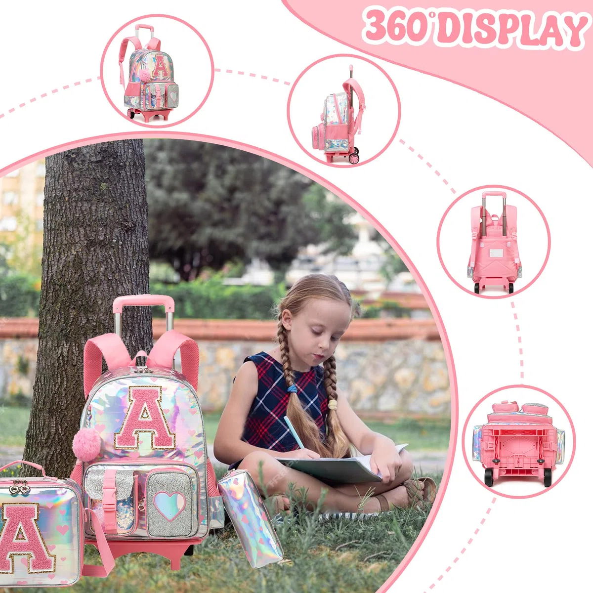 HTgroce Mochila Escolar Con Ruedas Niña Trolley con Bolsa de Almuerzo Estuche