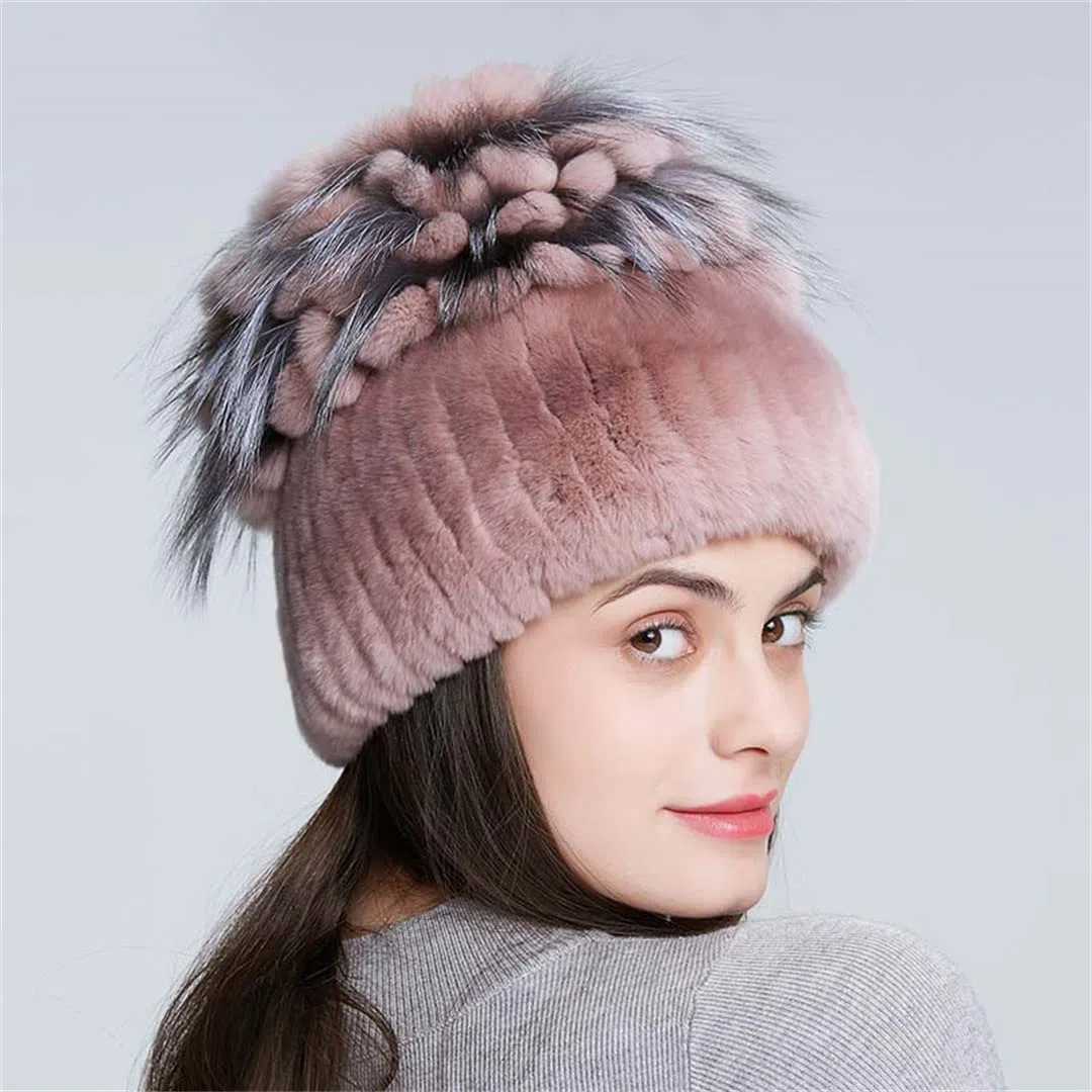 Sombreros de Piel de Mujer para Invierno Gorro de Piel de Conejo Natural Moda Femenina Gorros Gruesos y cálidos Gorros 108 52-58 Cm