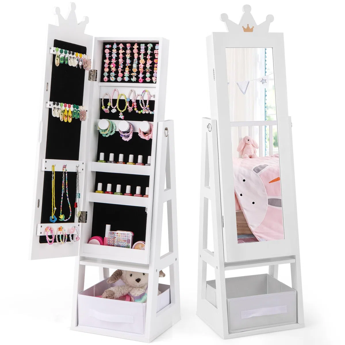 COSTWAY Armario de Joyería para Niñas con Espejo, Espejo Joyero de Cuerpo Completo con Gran Capacidad de Almacenamiento, Armario para Joyas Infantil con Ganchos, Estantes y Cajón (Blanco)