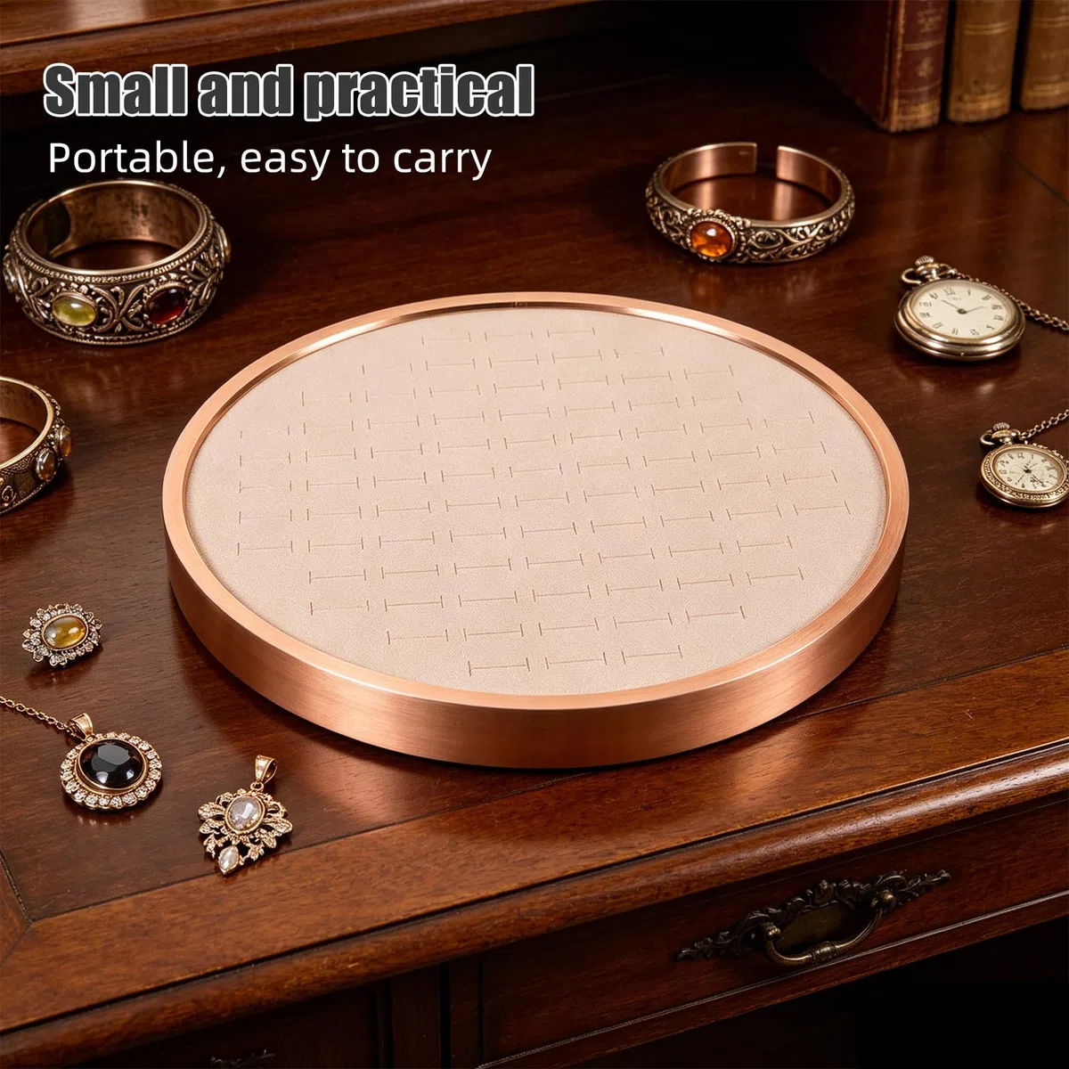 Bandeja redonda para joyas: organizador de pendientes con 68 ranuras, bandeja para exhibir collares de 29,6 cm (11,65'') - Plato decorativo para guardar anillos, collares, llaves y