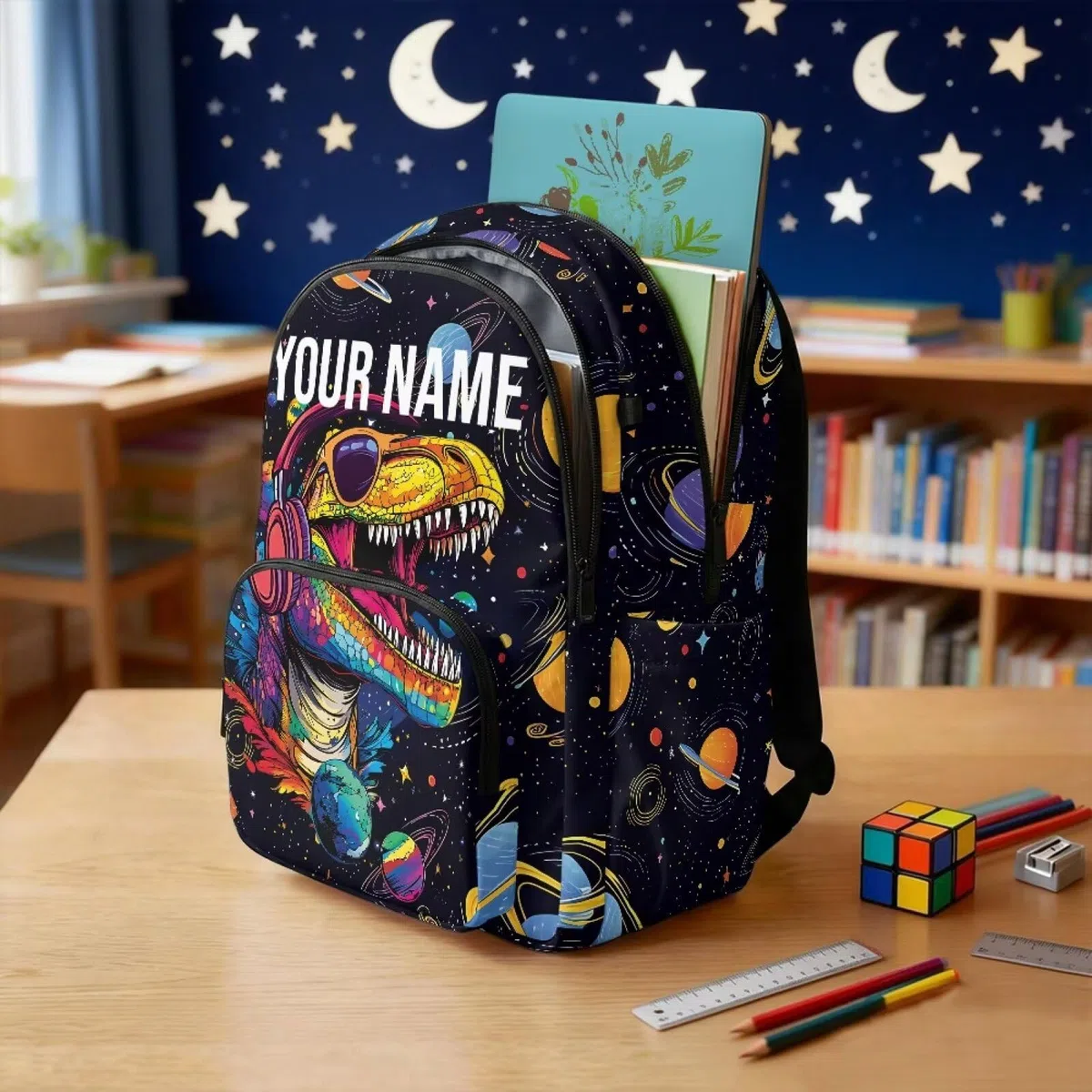 Mochila personalizada para niños con nombre, mochila escolar de 17 pulgadas, Dinosaurio divertido, L, Casual