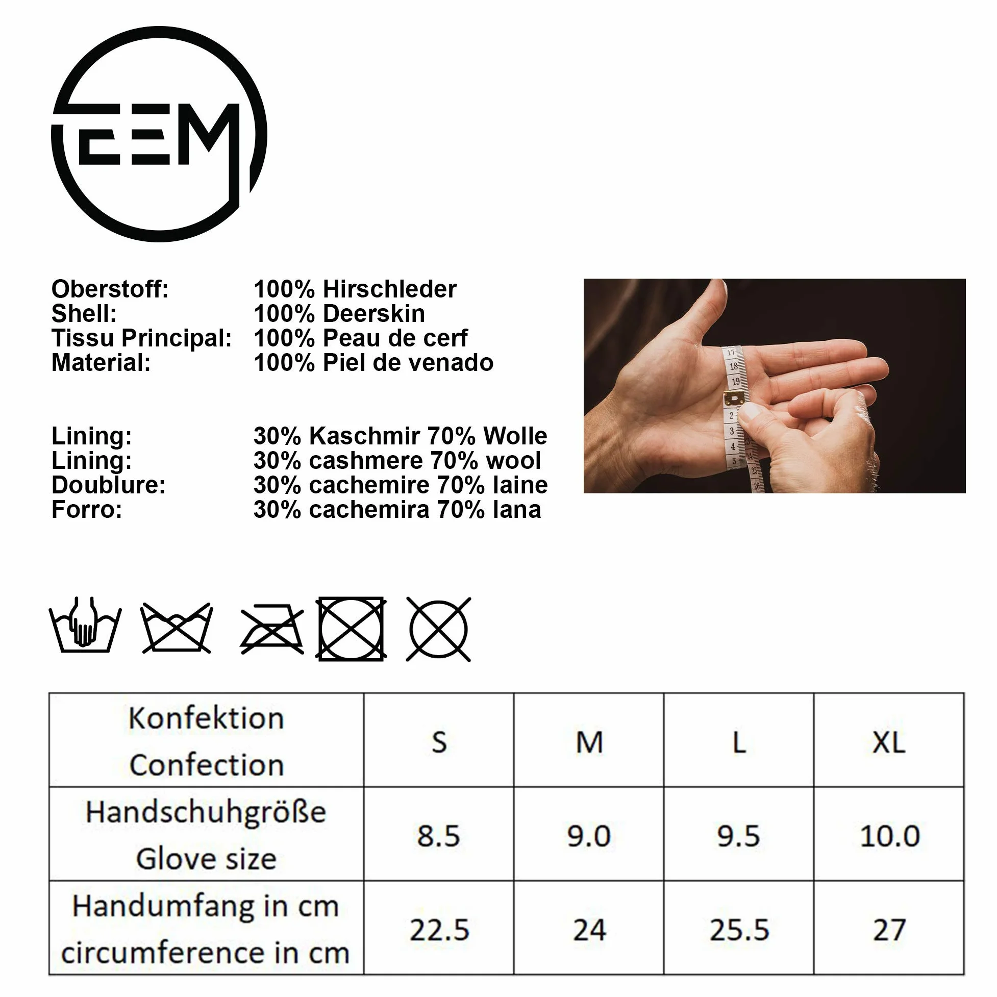 EEM guantes de hombre de piel, fina piel de ciervo, suave forro de cachemir y lana