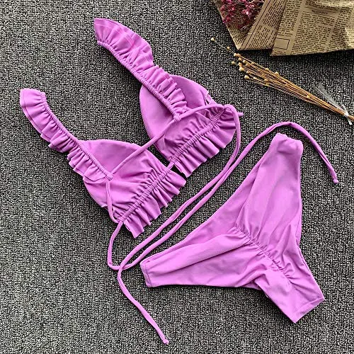 Bikini Morado Brasileño Mujer Traje de baño Volantes Hombro Bikini Conjunto Cintura Baja Vendaje Traje de baño Traje de